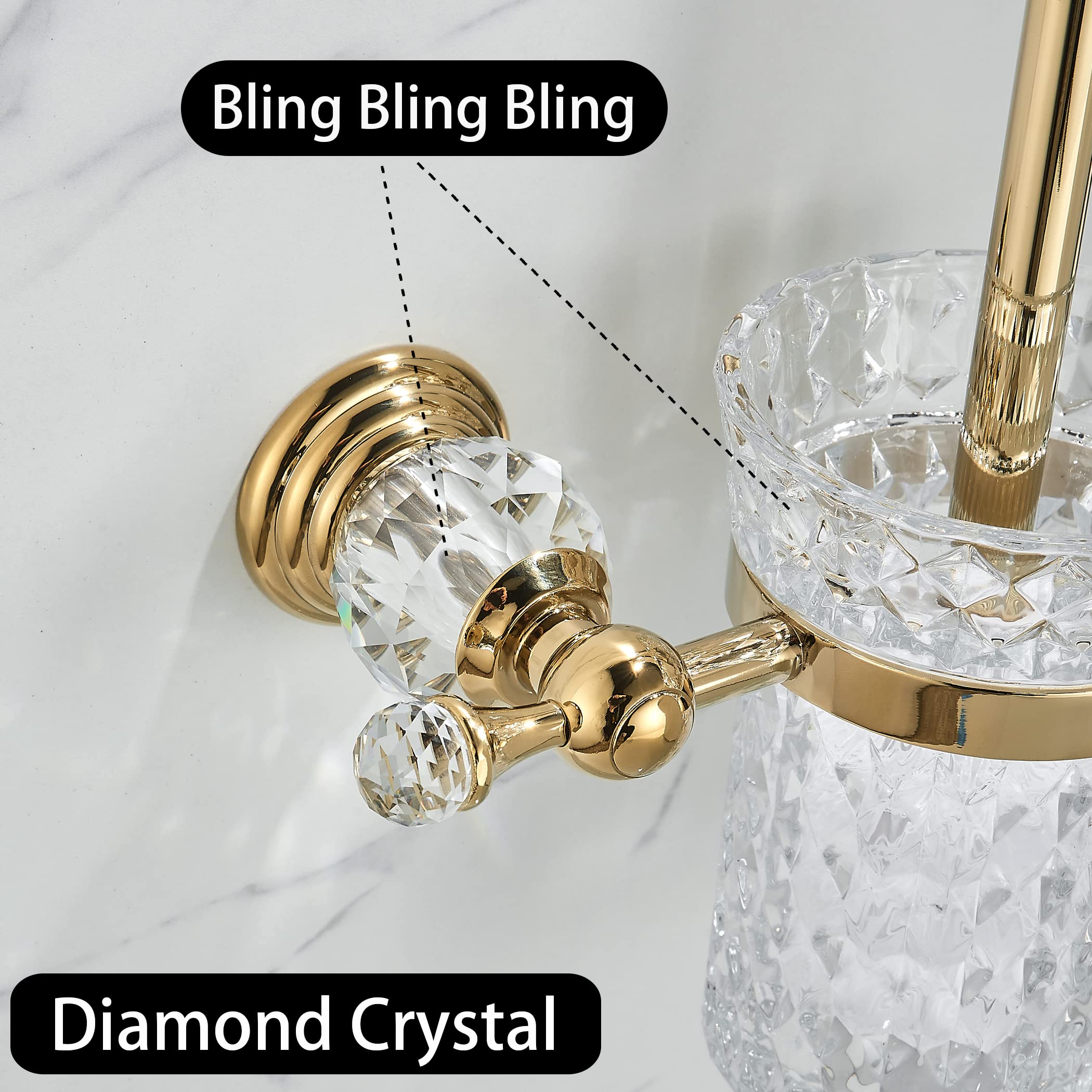 WOLIBEER Crystal Toilet Brush Holder  Polished Gold Brush Handle with Replaceable Brush Head  Stainless Steel Bathroom Cleaning Set Wall Mounted