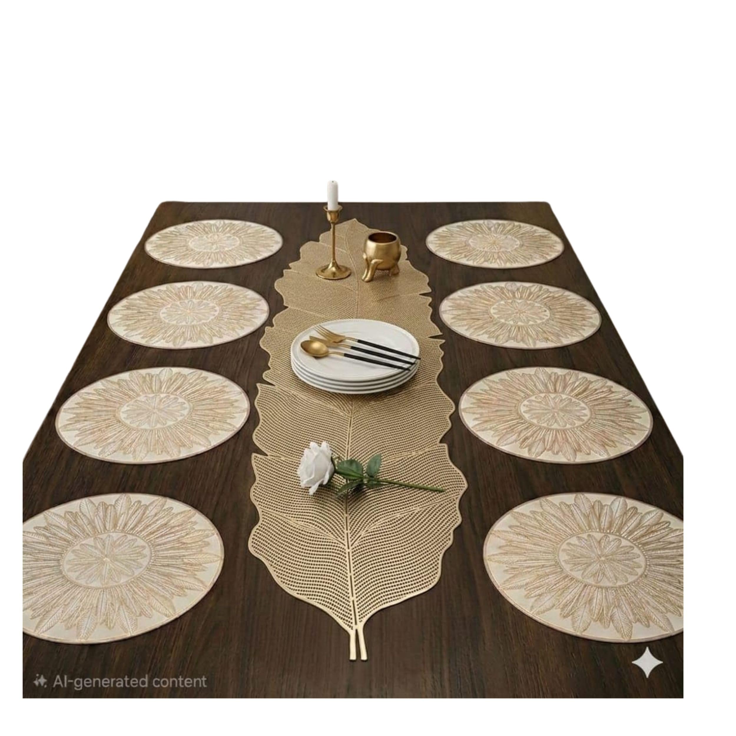 Leaf Shape Table Runner with 8 Dining Table Placemats Set Heat Resistant Washable Table Mats Combo for Home Kitchen Dining Use (