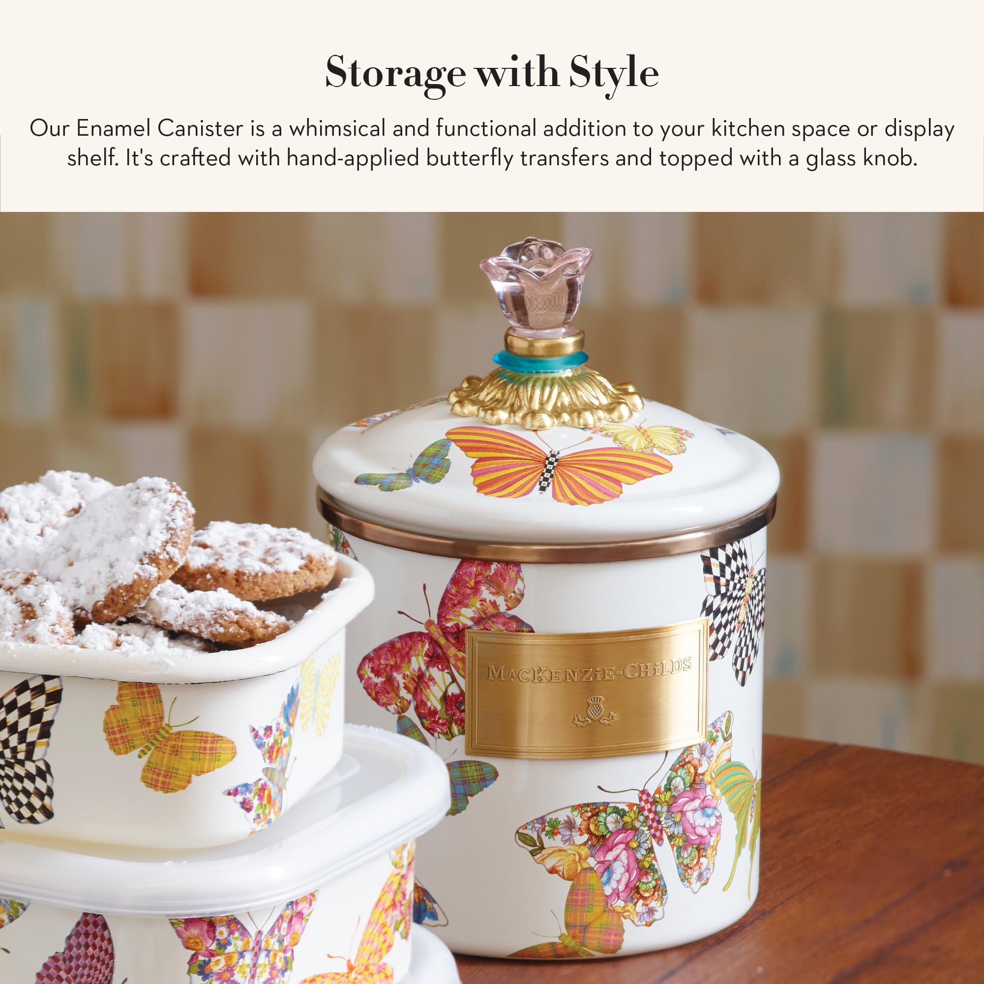 Mackenzie-Childs Butterfly Garden Enamel Canister, Pretty Kitchen Storage Container With Lid, Small