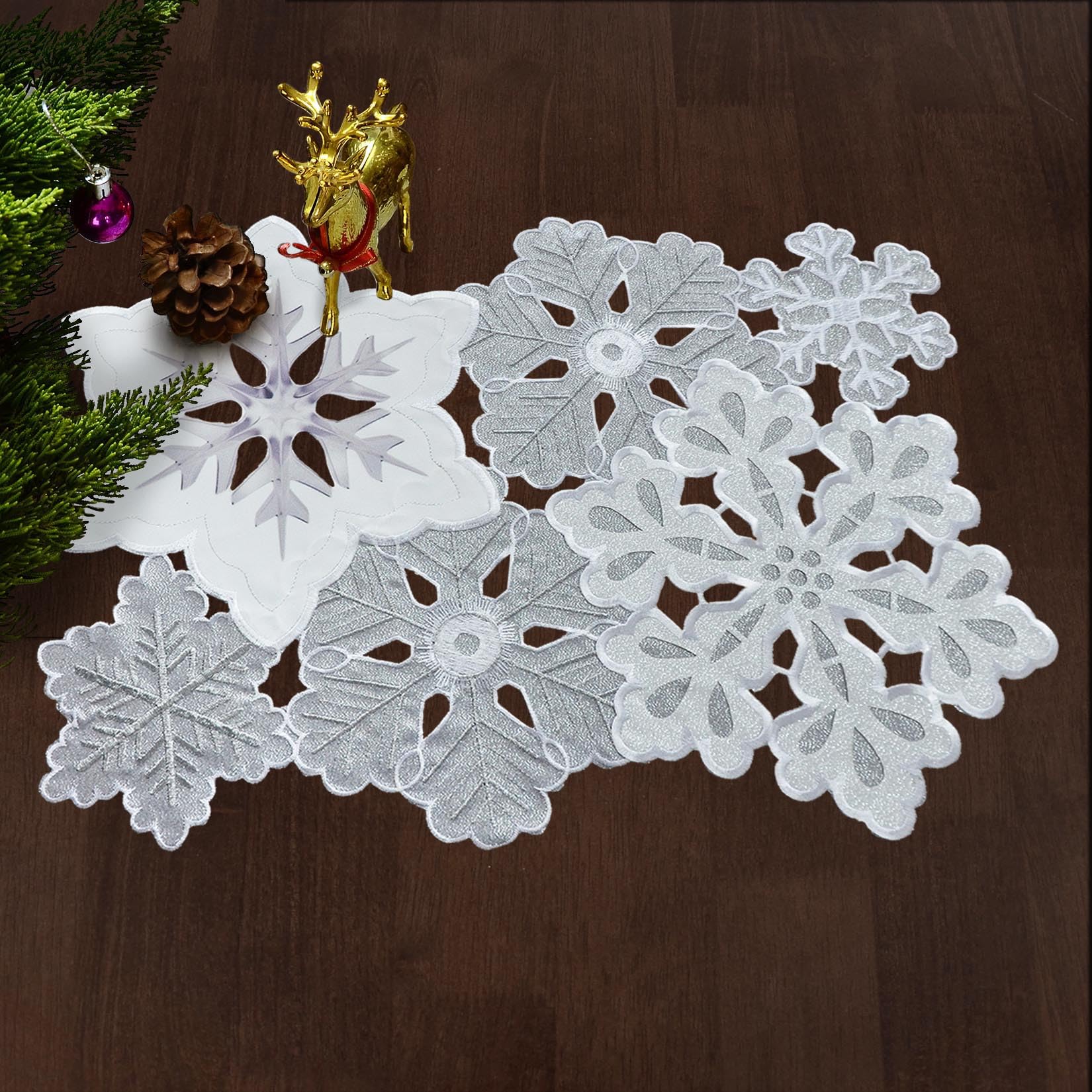 Grelucgo Machine Embroidered And Hand Cut Silver Grey And White Snowflakes Table Placemats For Christmas Holiday (13 X 19 Inches