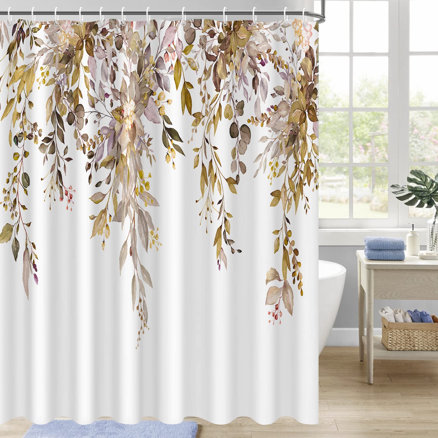 Nuseiis Brown Long Eucalyptus Shower Curtain 72x78 Inch  Watercolor Botanical Leaves Fabric Bathroom Curtain