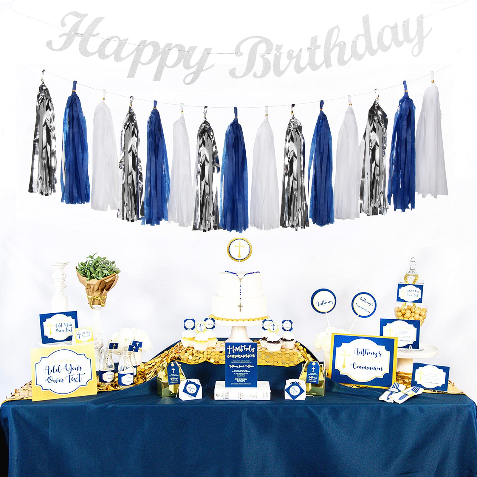 Navy-blue Silver Men-boys Birthday Decorations - 27pcs Party Kits Happy Birthday Banner Flags 40th 50th Birthday Decor Tissue Paper Pom Poms Tassel Streamers Garland Party supplies Lasting Surprise