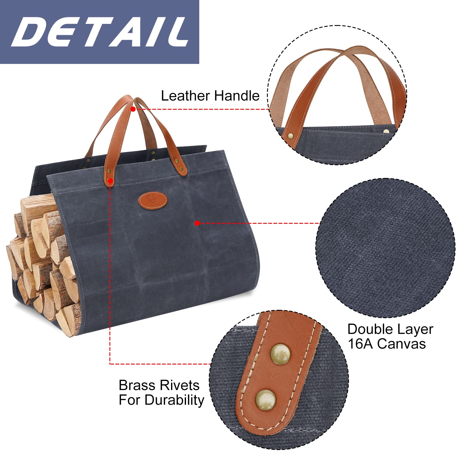 G Good Gain Firewood Carrier Waxed Canvas With Leather Handles, Wood Carrier For Firewood, 36X18.5 In Heavy Duty Firewood Storag