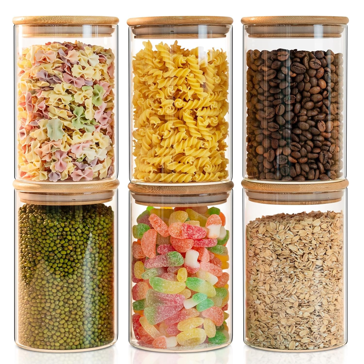 Cynfleesglass Food Storage Jars 6Pack  Clear Glass Food Canisters With Bamboo Lid Airtight For Serving Tea, Coffee, Flour, Sug