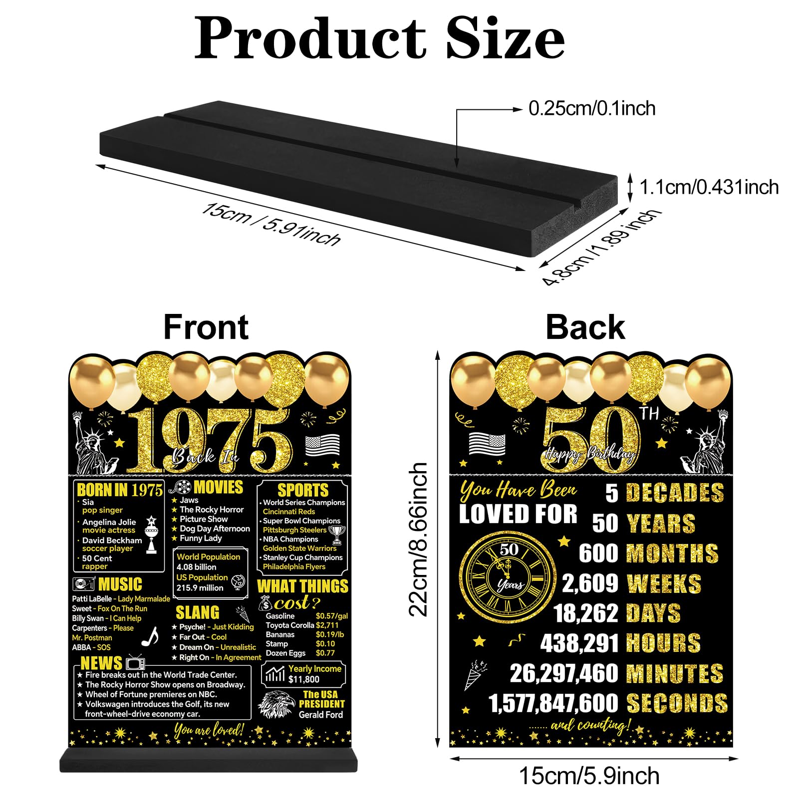 Guiruiy Black Gold 50th Birthday Decorations for Men Women, Two-Sided Vintage 50 Back in 1975 Theme Poster Wooden Table Sign wit
