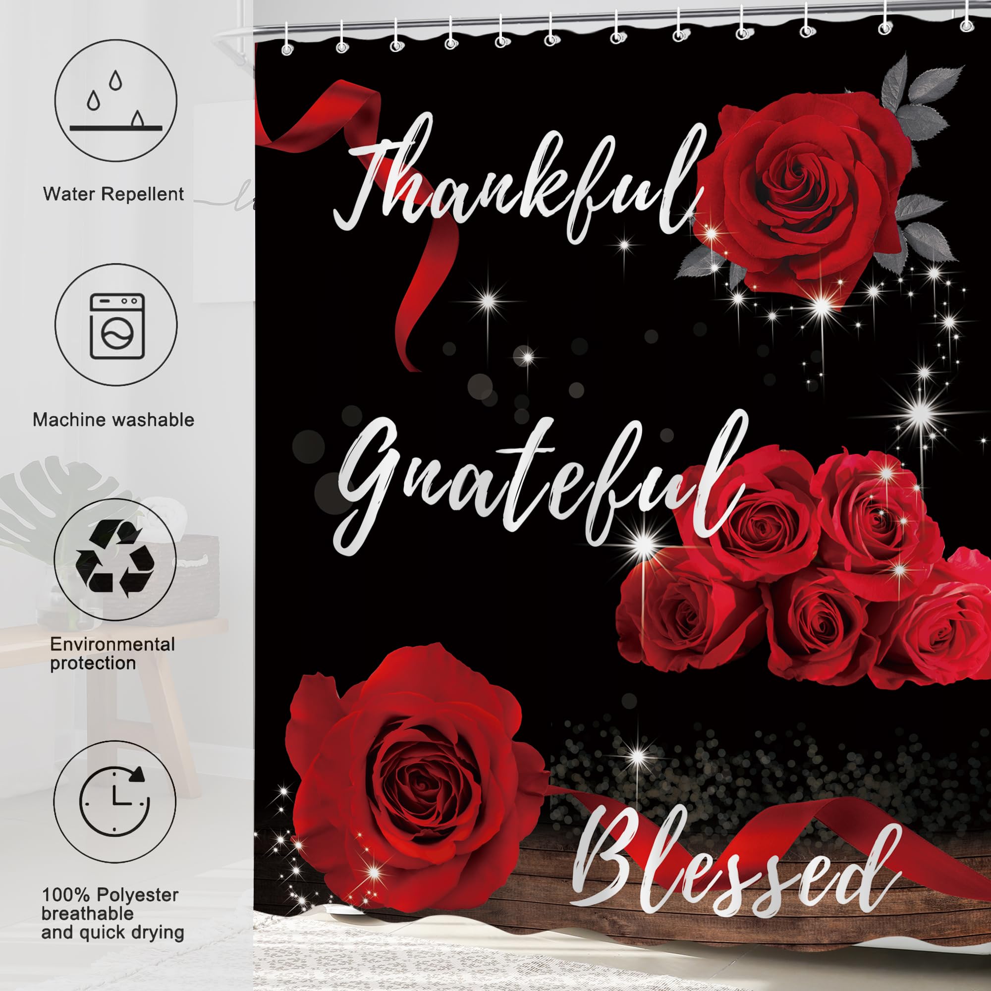 Oolygoo Red Rose Shower Curtain 60''X72'' Inspirational Thankful Grateful Blessed Shower Curtain Set For Bathroom Flower Wooden