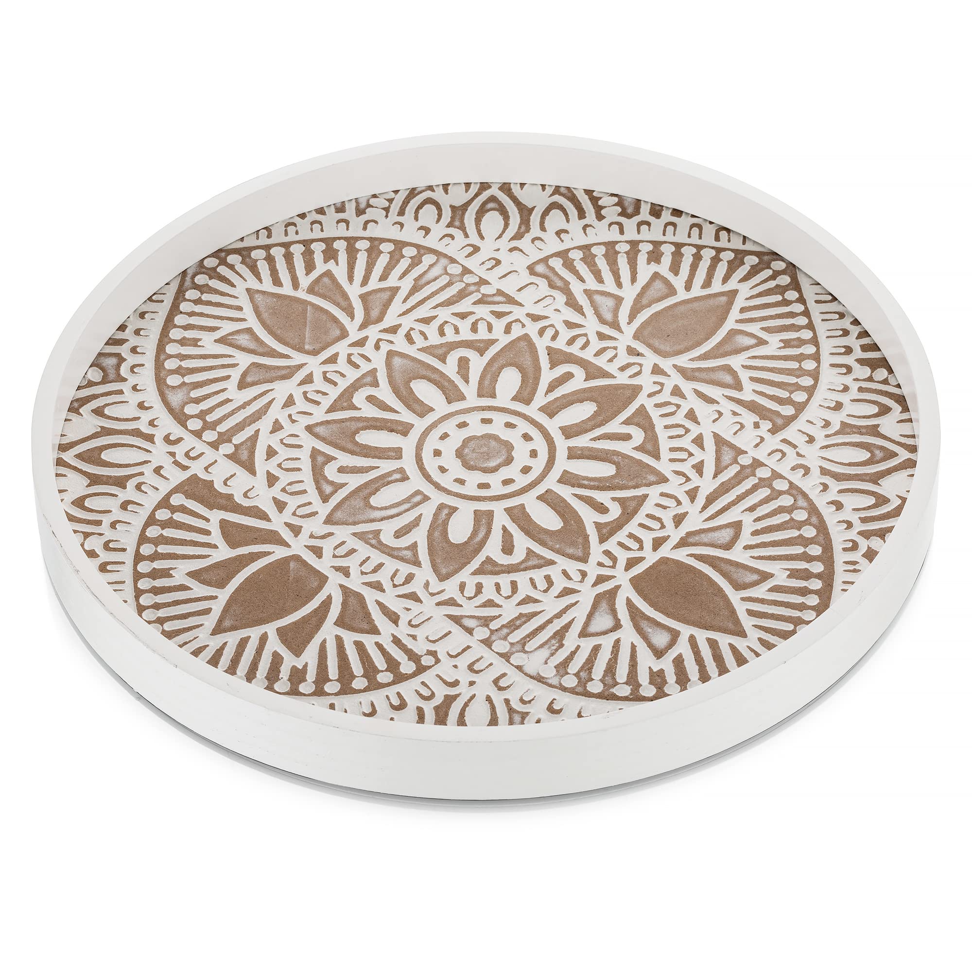 Hanobe Decorative Serving Tray Round: Farmhouse Coffee Table Decor Boho White Mandala Trays for Living Room Kitchen Bathroom Dis
