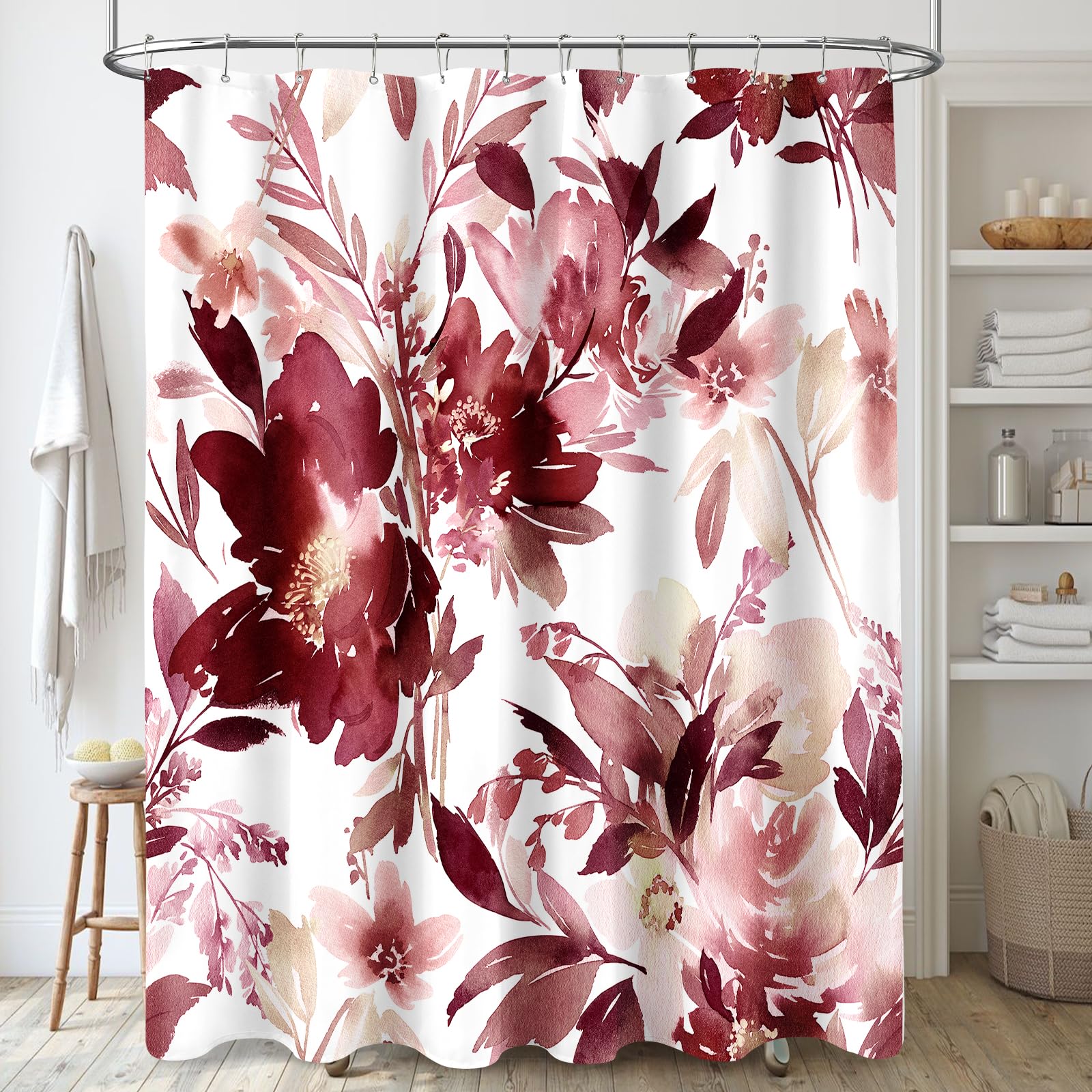 Mayzus Burgundy Red Floral Shower Curtain, Watercolor Flower Shower Curtain For Bathroom, Modern Abstract Ink Decorative Fabric