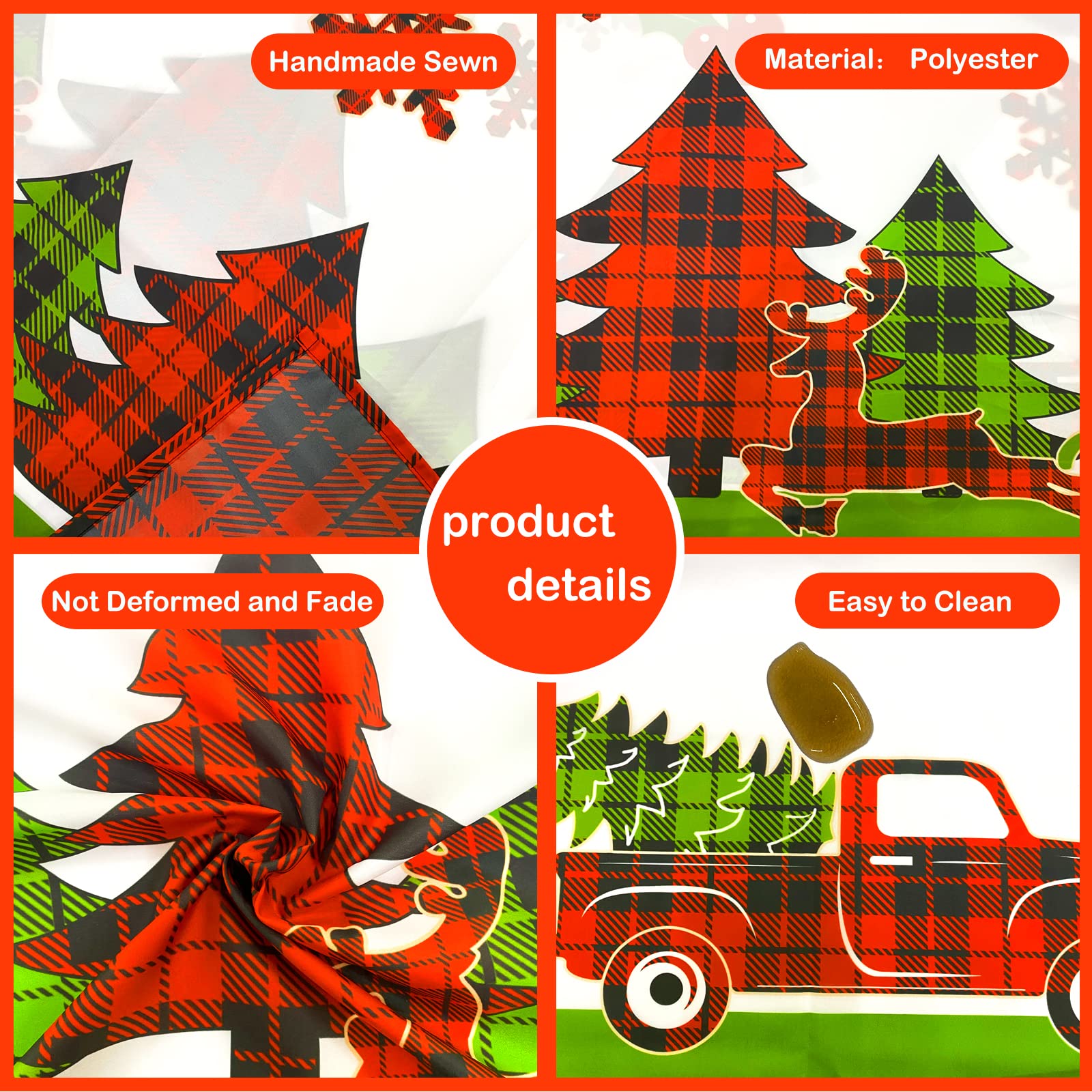 Pinkblume 4.3X9Ft Christmas Tablecloth Rectangle Buffalo Plaid Xmas Tree Red Truck Joy Merry Christmas Sign Reindeer Snowflake H