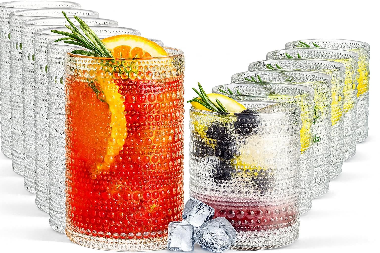 Khen Hobnail Drinking Glasses with Straws | Clear Colors | Set of 12