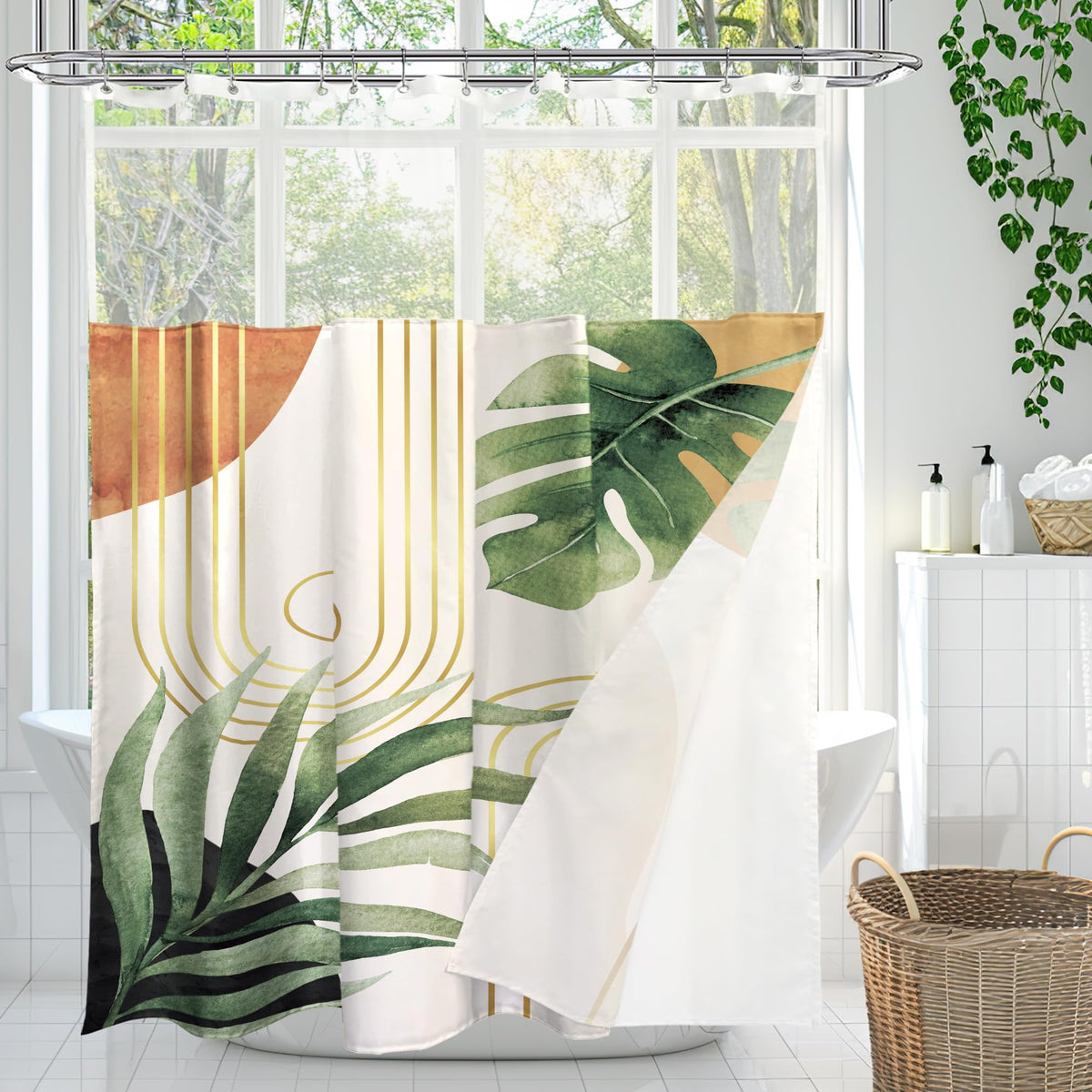 Glawry Boho Shower Curtain With Snap In Liner Modern Mid Century Tropical Palm Leaves Abstract Geometric Modern Arch See Through