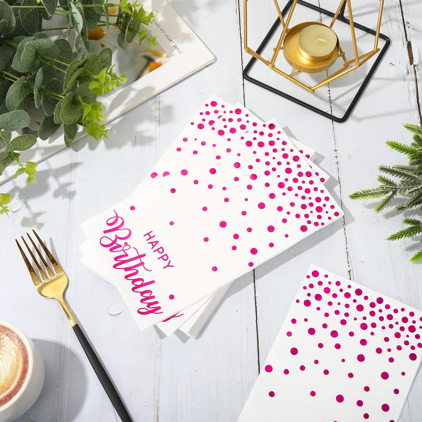 Jarthenaamcs 50Pcs Happy Birthday Guest Napkins Hot Pink Foil Dots Birthday Disposable Paper Napkins Dinner Hand Napkin For Vale