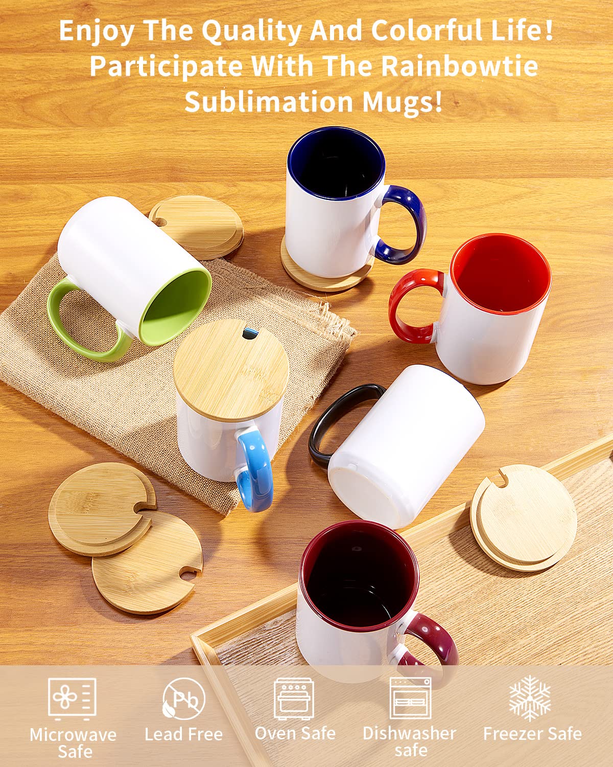 RAINBOWTIE Sublimation Mugs Set of 12  15 oz Sublimation Mugs Blank with Bamboo Lid  Sublimation Coffee Mugs  Tazas Para Sublimacion  Mug Sets  Coffee Cup with Lid 6 Assorted Colors