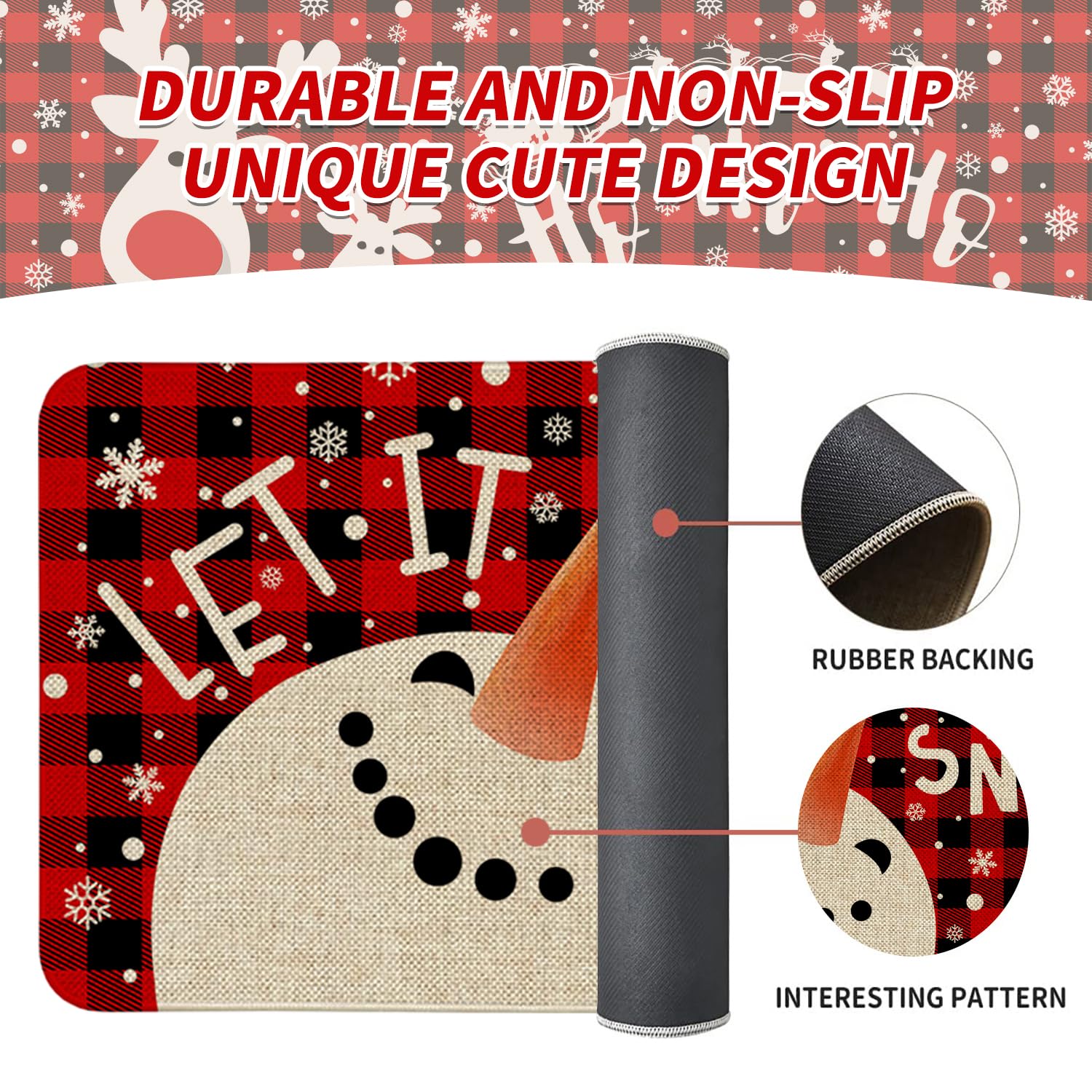 Christmas Kitchen Mat Decor, Snowman Reindeer Winter Holiday Christmas Kitchen Rugs Sets of 2, Red Buffalo Plaid Christmas Rugs