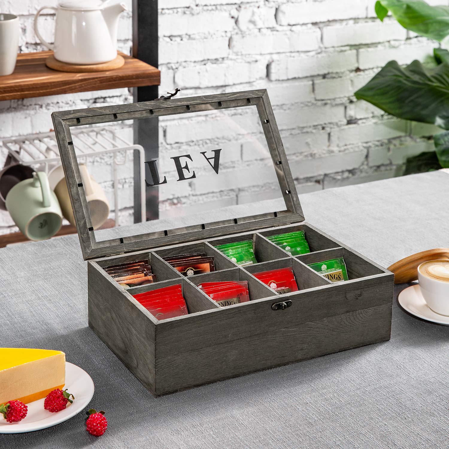 Mygift Vintage Gray Solid Wood Tea Bag Box Organizer Storage Chest With 8 Compartments, Tea Bags And Condiments Packet Holder Wi
