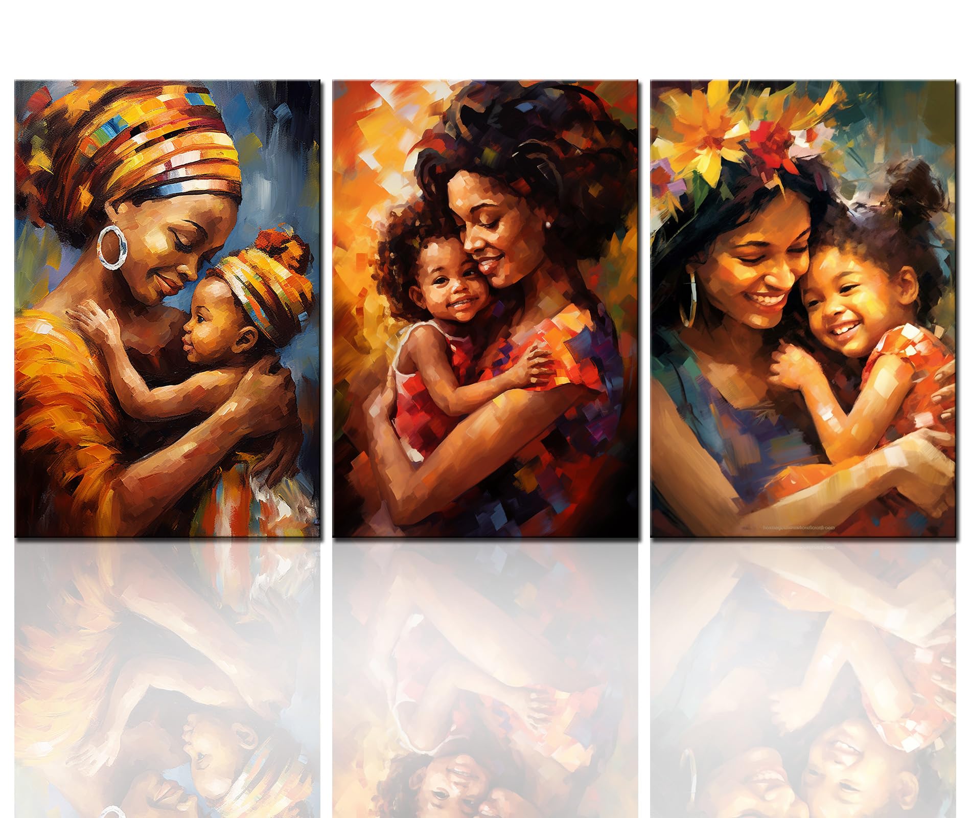 Tucocoo Art Work For Home Walls Black Women Pictures Happy African Mother Paintings 3 Panel Canvas Smiling Baby Girl Art Modern