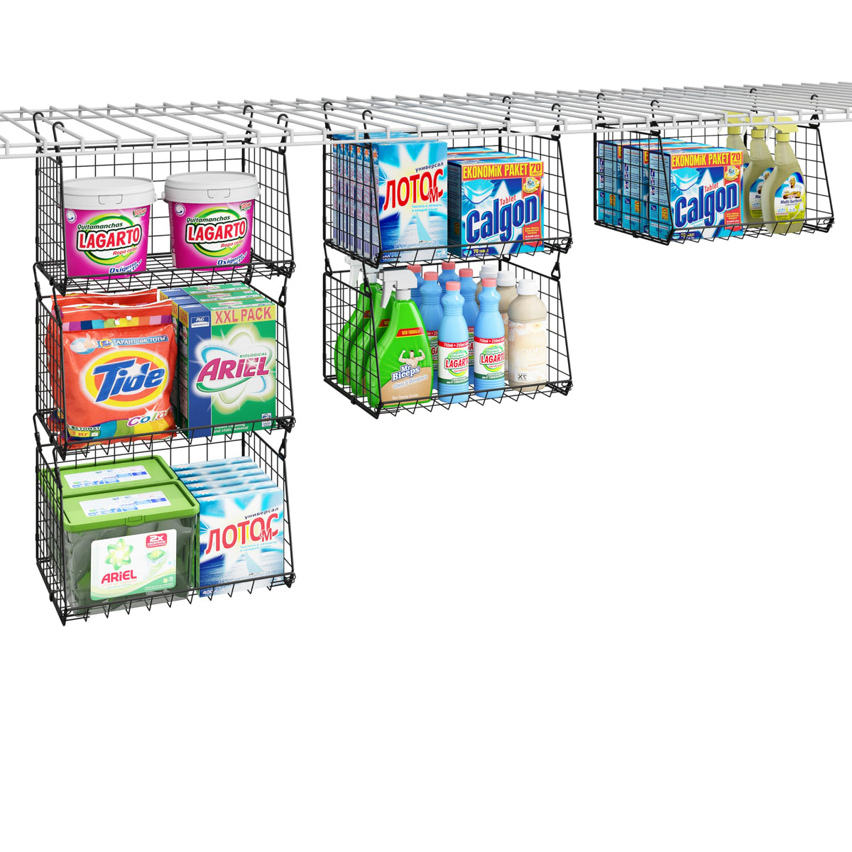 3-Tier Hanging Metal Laundry Basket:Foldable Laundry Room Organizer Wire Shelf Basket With 360Rotating Hooks Space Saving Over W