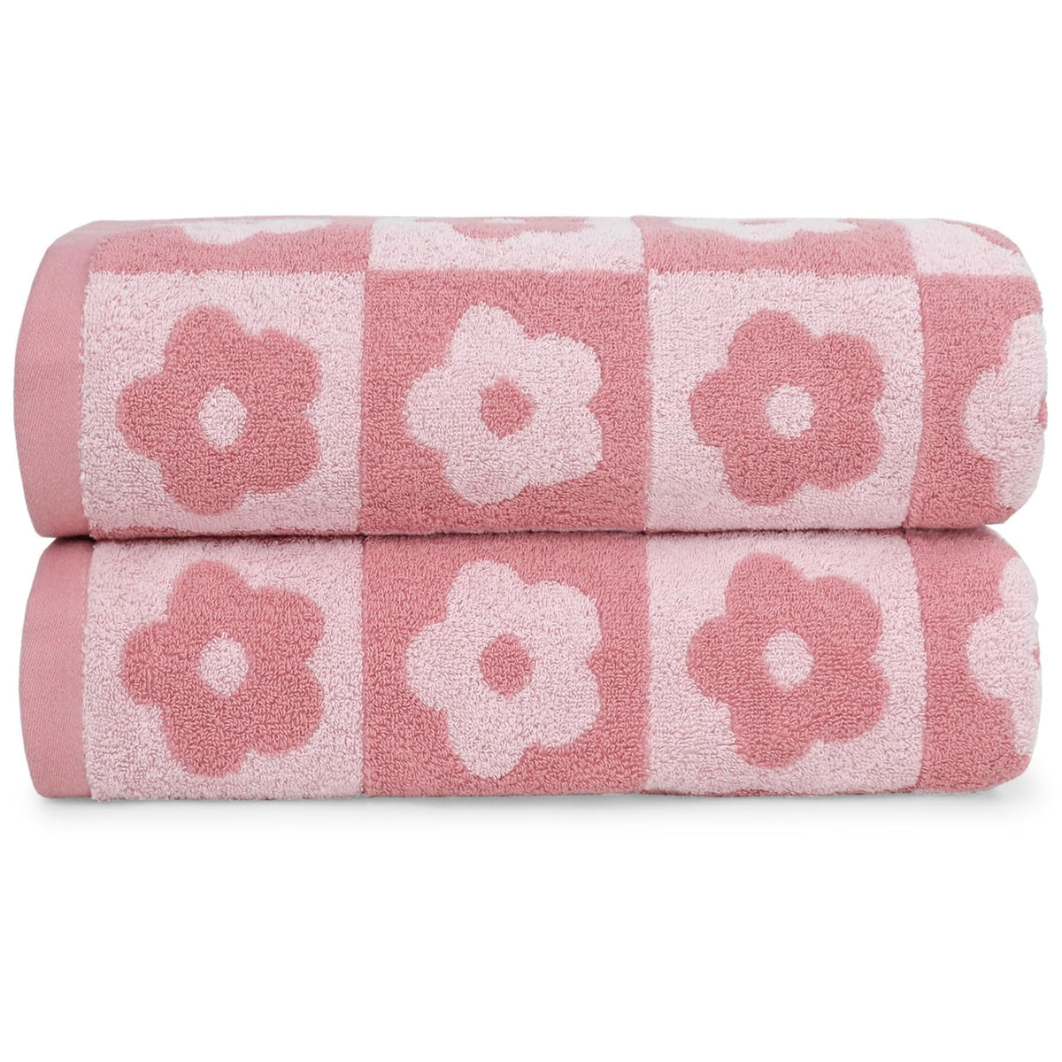 Jacquotha 2-Pieces Luxury Bath Towels Checkered Floral, Pink Towels For Women Girls Shower Body 27.5X55 Inches, Valentines Gifts