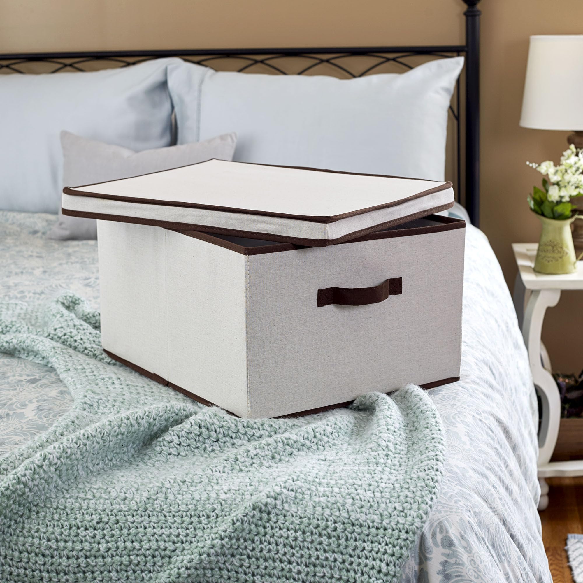 Household Essentials 515 Storage Box With Lid And Handle- Natural Beige Canvas With Brown Trim- Jumbo