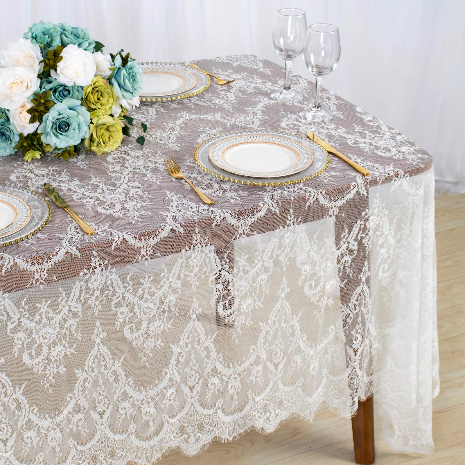 Shinybeauty Lace-Tablecloth-Rectangular 60X120-Inch Lace Table Cloth 2 Pack Floral Lace Tablecloth White Vintage Table Cover Flo