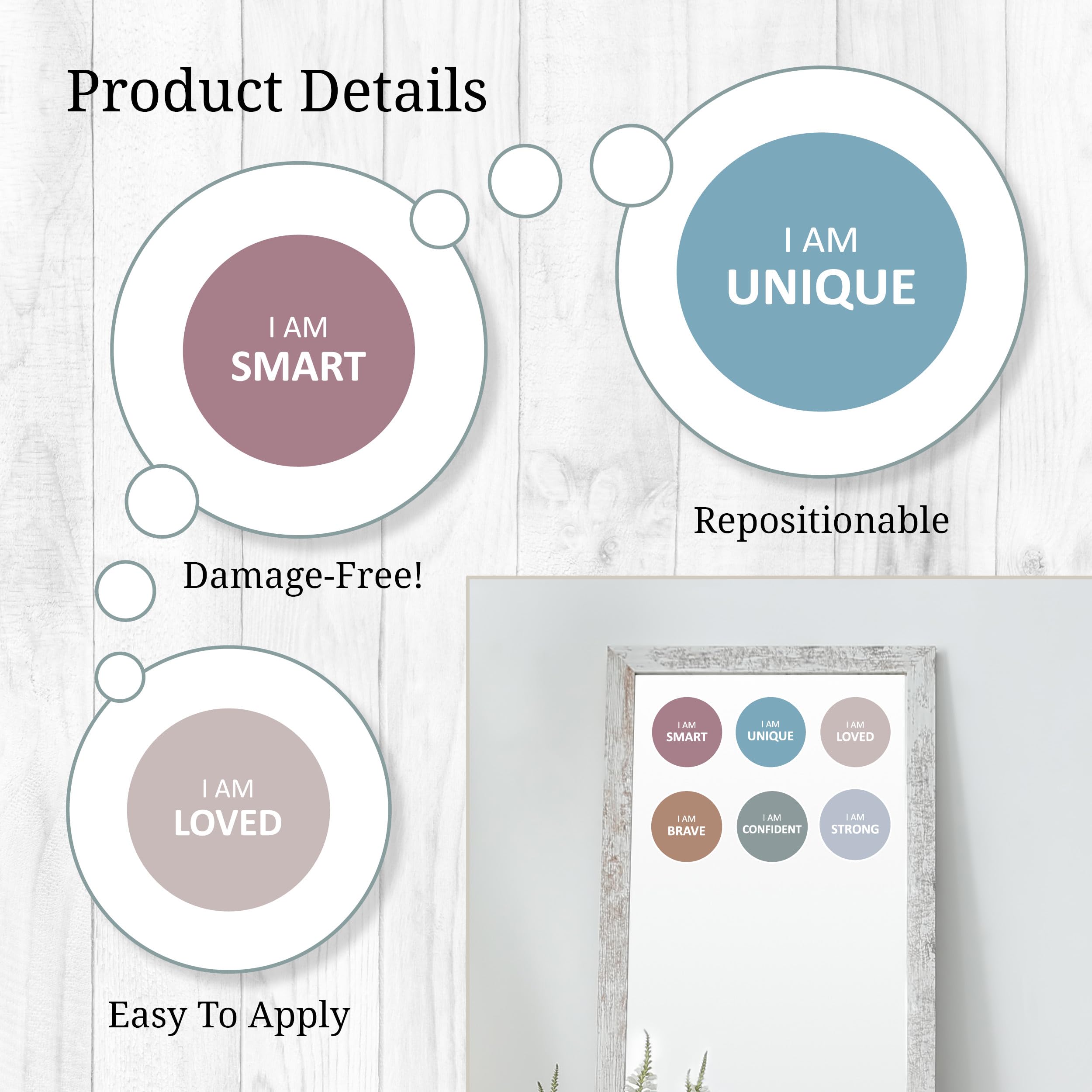Affirmation Mirror Decals - Set Of 6 Colorful Vinyl Circle Dot Stickers I Am Smart, Unique, Loved, Brave, Confident - Bathroom B