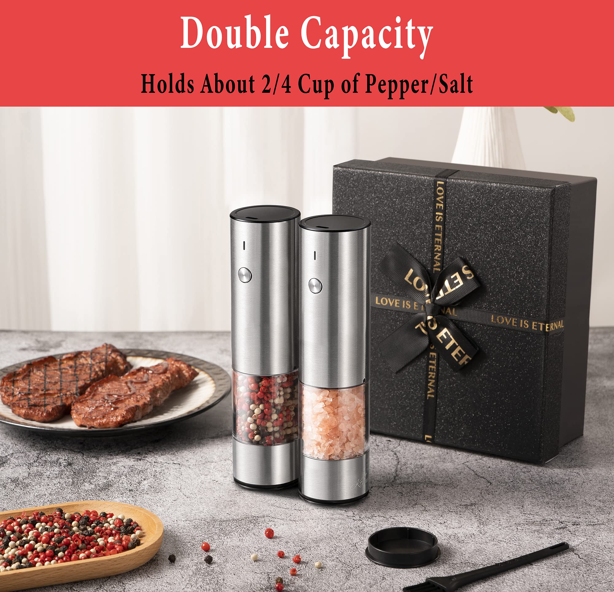 Rechargeable Electric Salt And Pepper Grinder Set - Durable Modern Style - Automatic Black Peppercorn & Sea Salt Spice Mill Set