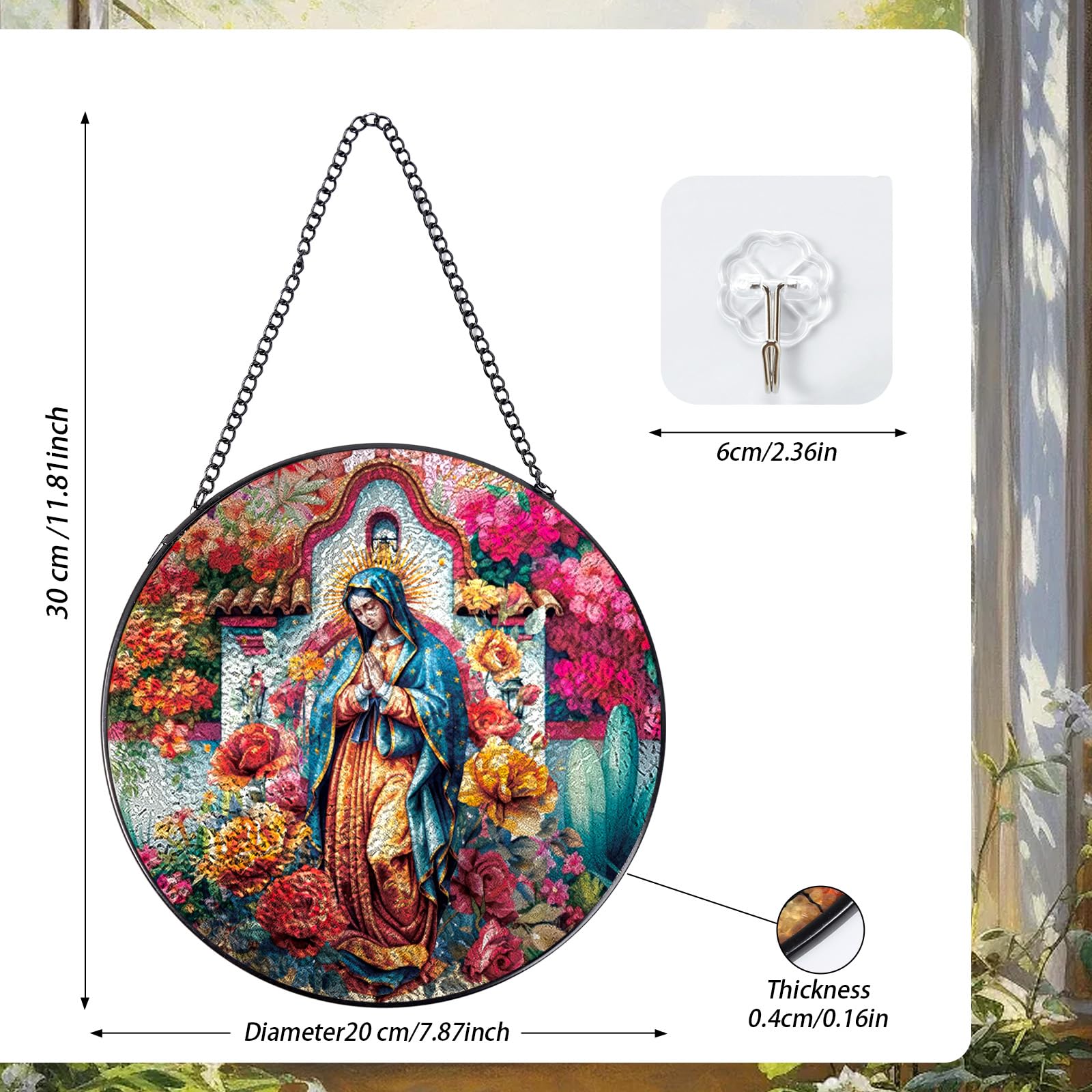 Rngmsi Lady of Guadalupe Stained Glass Window Hanging, 7.8 Sun Catchers Indoor Window Decor