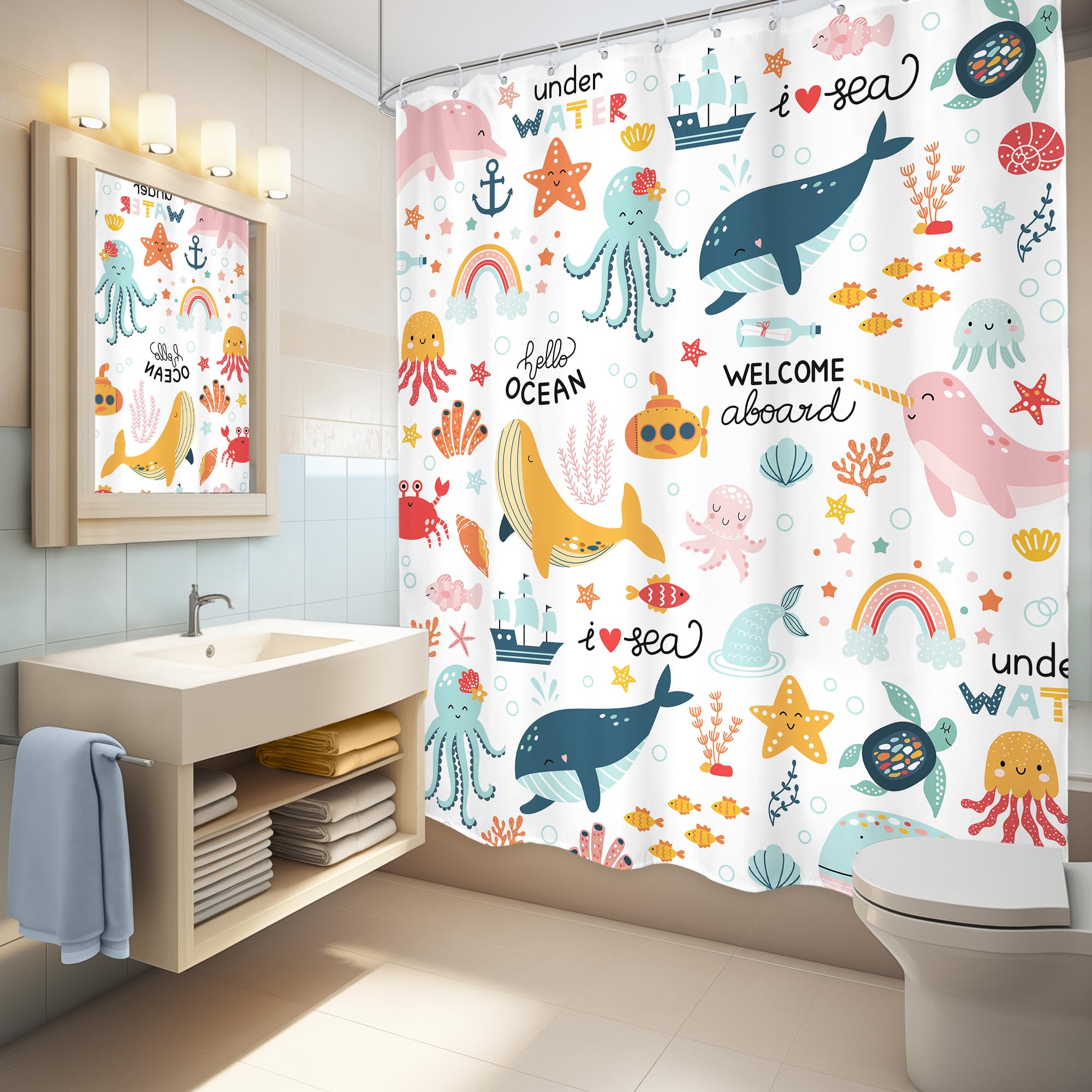 Lghtyro Kids Whale Ocean Shower Curtain Bathroom Set 60Wx71H Inches Cartoon Underwater Sea Animals Cute Fish Funny Sealife Color
