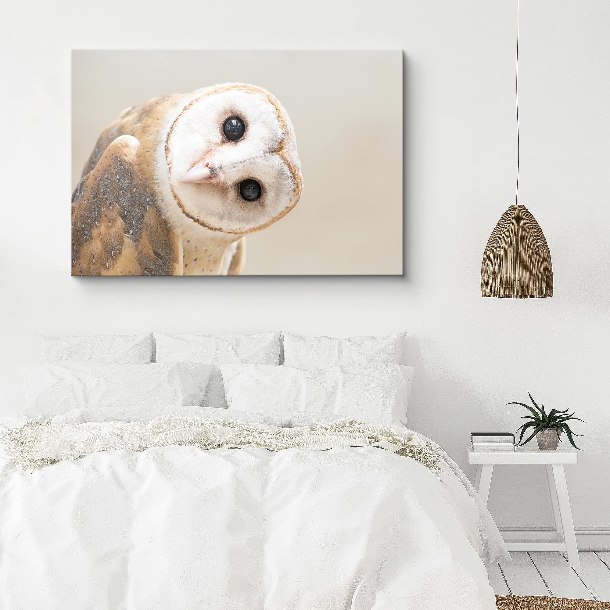 Signford Canvas Print Wall Art White Owl With Twisted Head Animals Wildlife Photography Realism Rustic Portrait Cool For Living