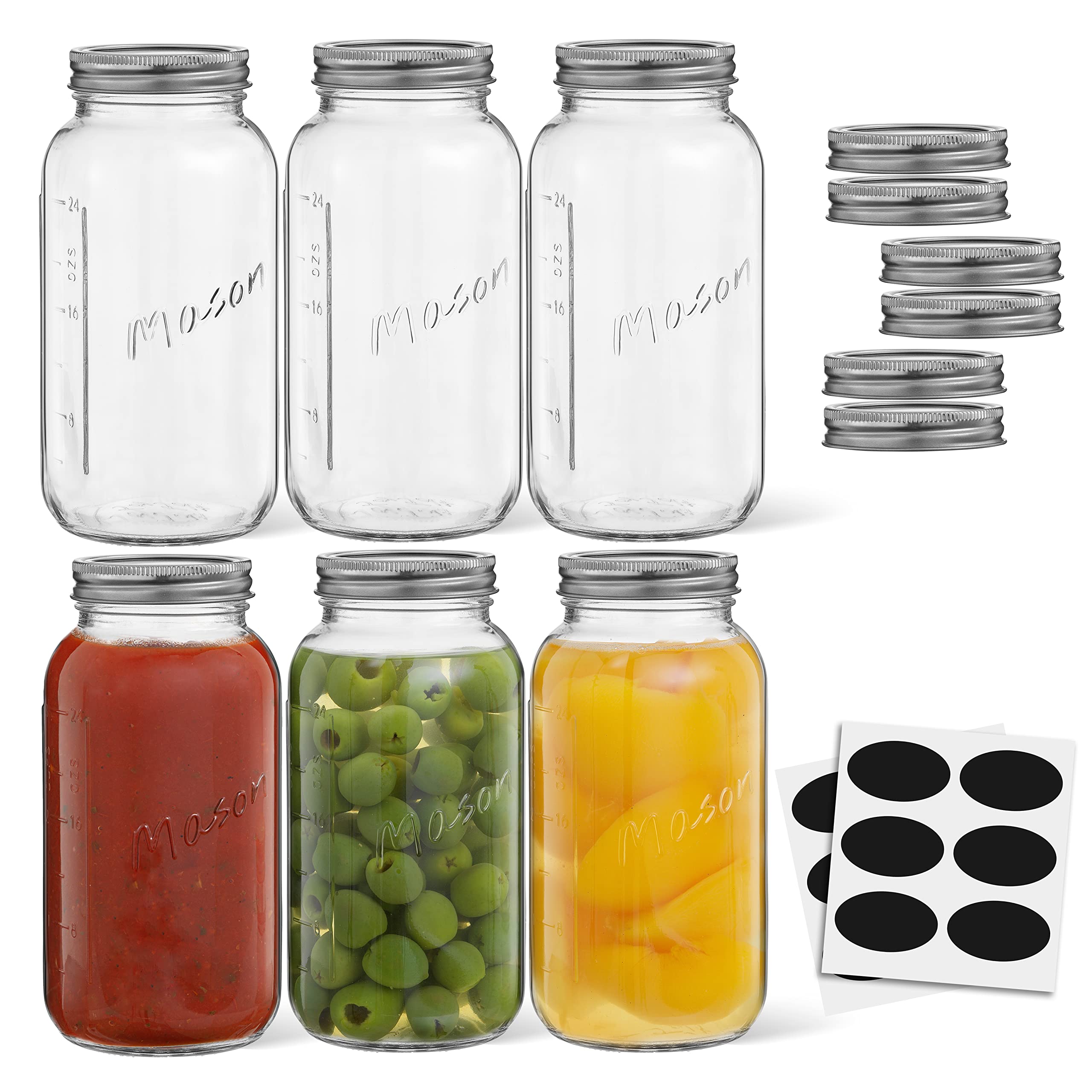 32 Oz Mason Jars With Lids, Labels And Measures! 6-Pack Regular Mouth Mason Jars, Glass Jar With Lid And Band. Airtight Canning