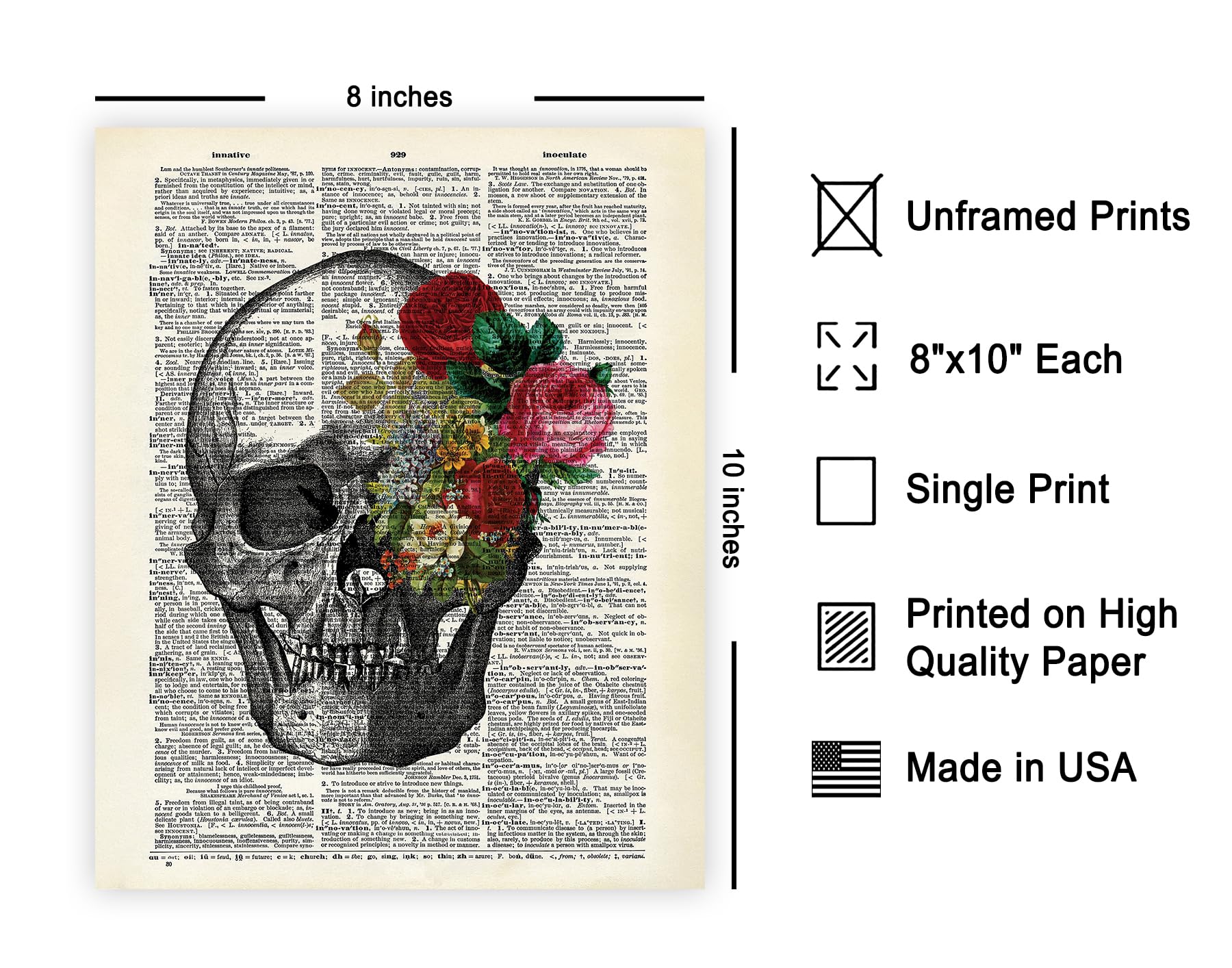 Poster Master Dictionary Art Poster - Flowery Eye Skull Print - Skeleton Art - Flower Art - Gothic Gift For Him, Her, Men, Women