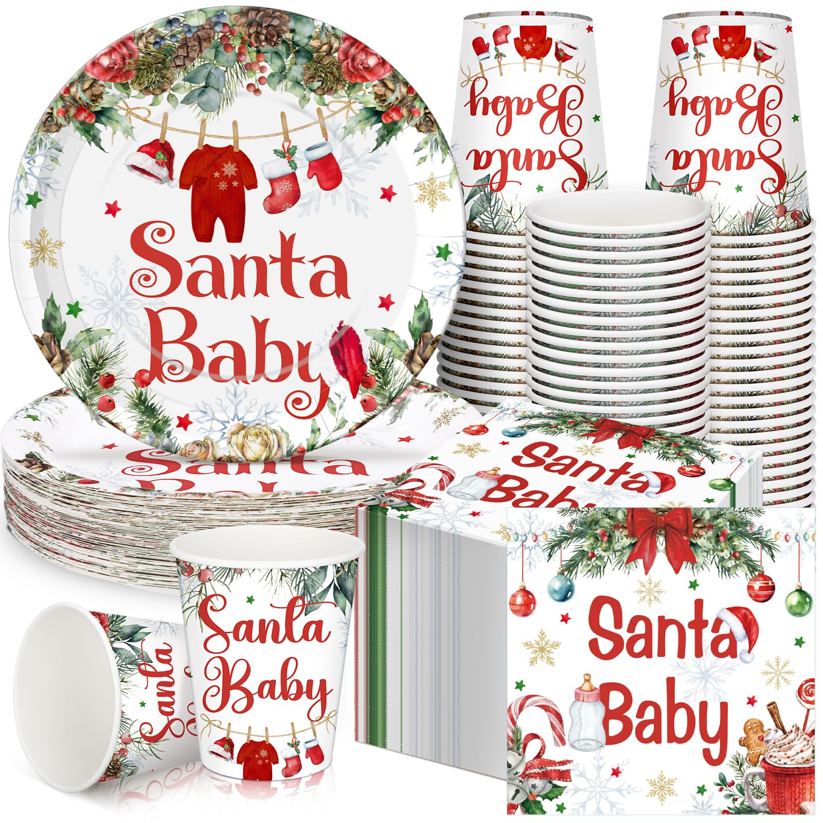 Hushee 200 Pcs Baby Shower Paper Plates Cups Napkins Party Supplies Tableware Set Disposable Cup Napkin for 50 Guest Party Decor