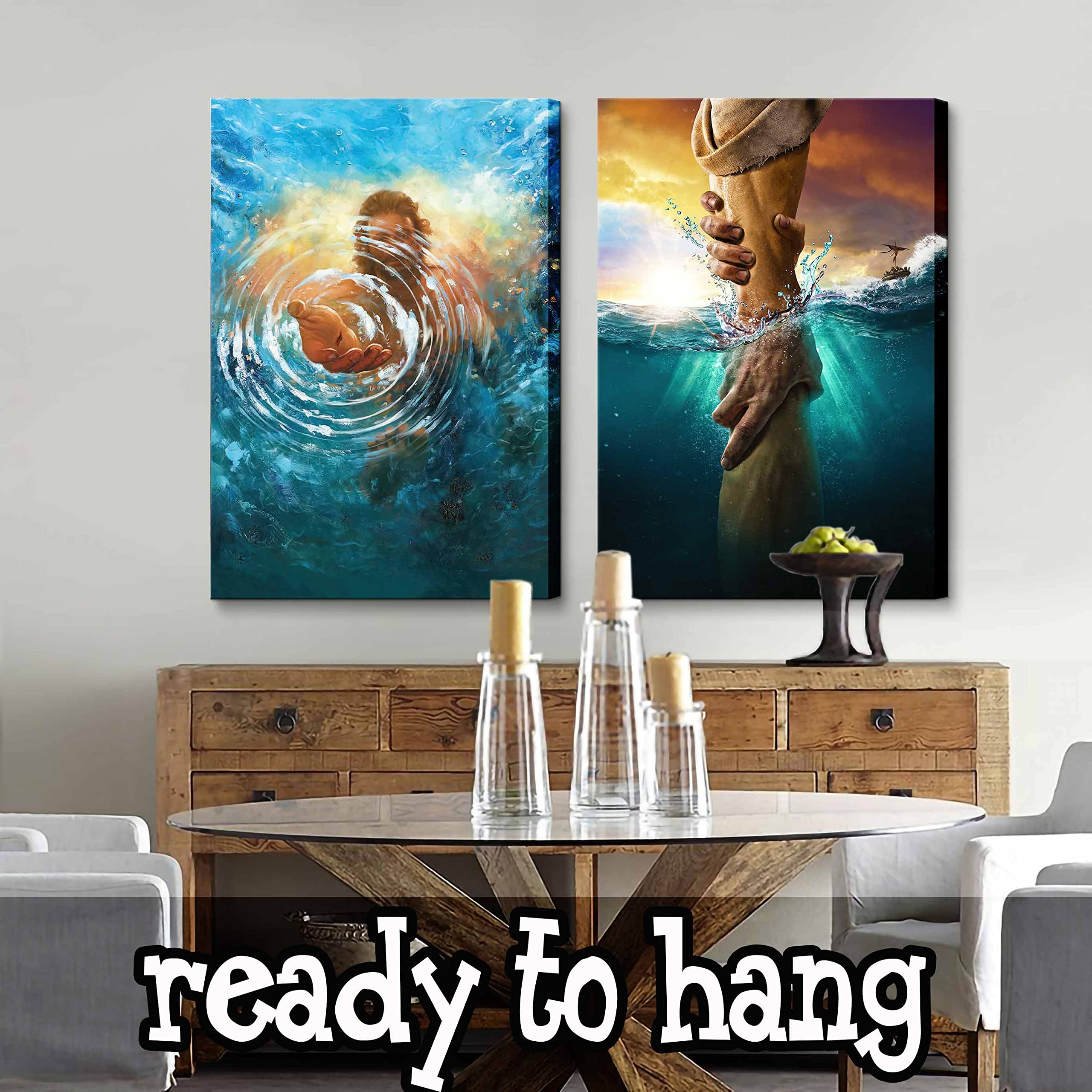 2 Pcs Framed Jesus Wall Art The Hand Of God Jesus Reaching Into Water Christ Religion Canvas Wall Decor Blue Ocean Bible Picture