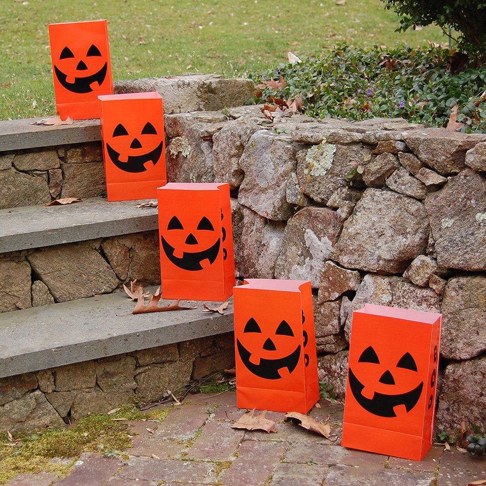 LumaBase Plastic Luminaria Bags, Orange Jack O' Lantern - Set of 12