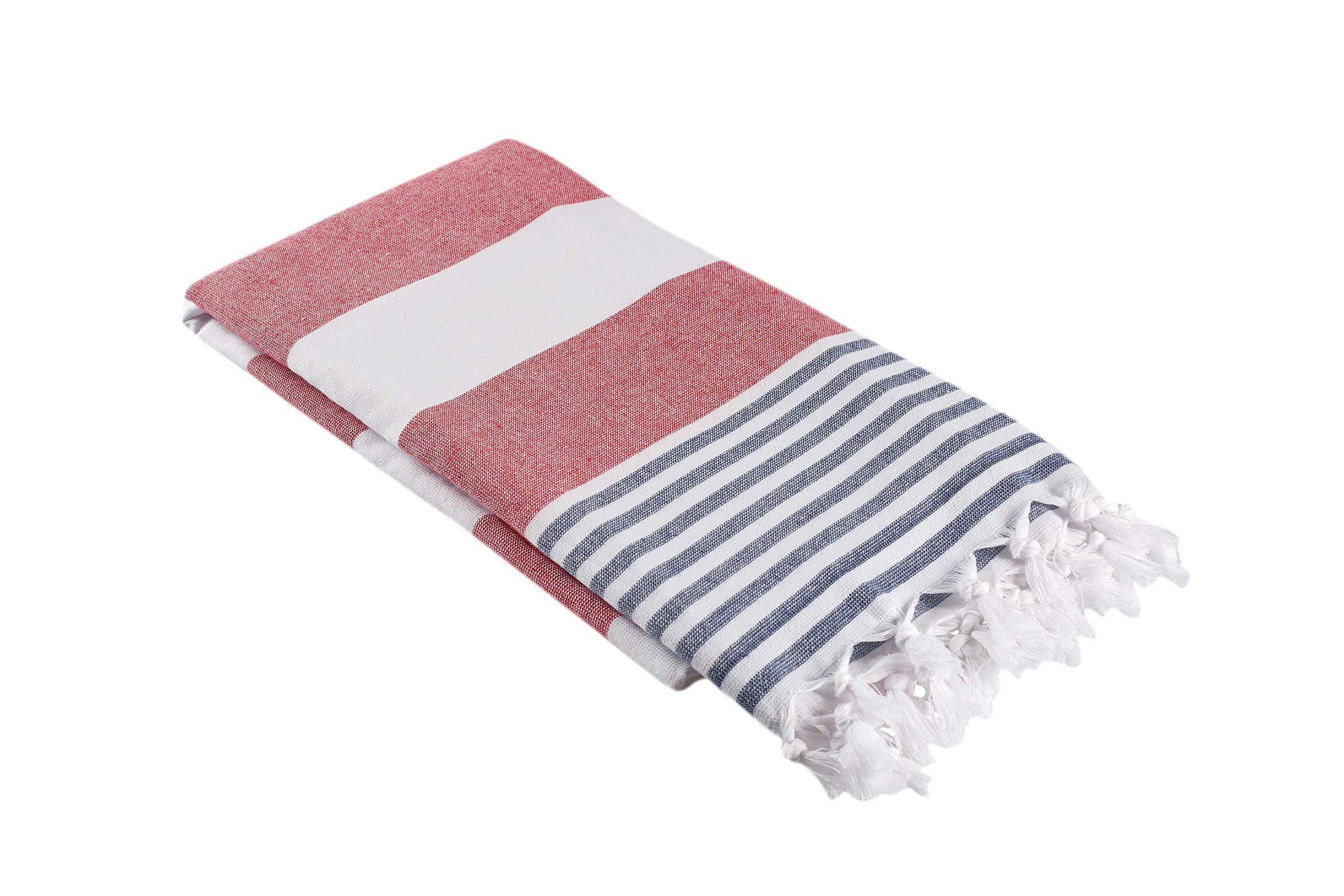 Infusezen Terry Cloth Lined Turkish Bath & Beach Towel - Marine Stripe Design - 100% Organic Turkish Cotton - Soft, Lightweight,