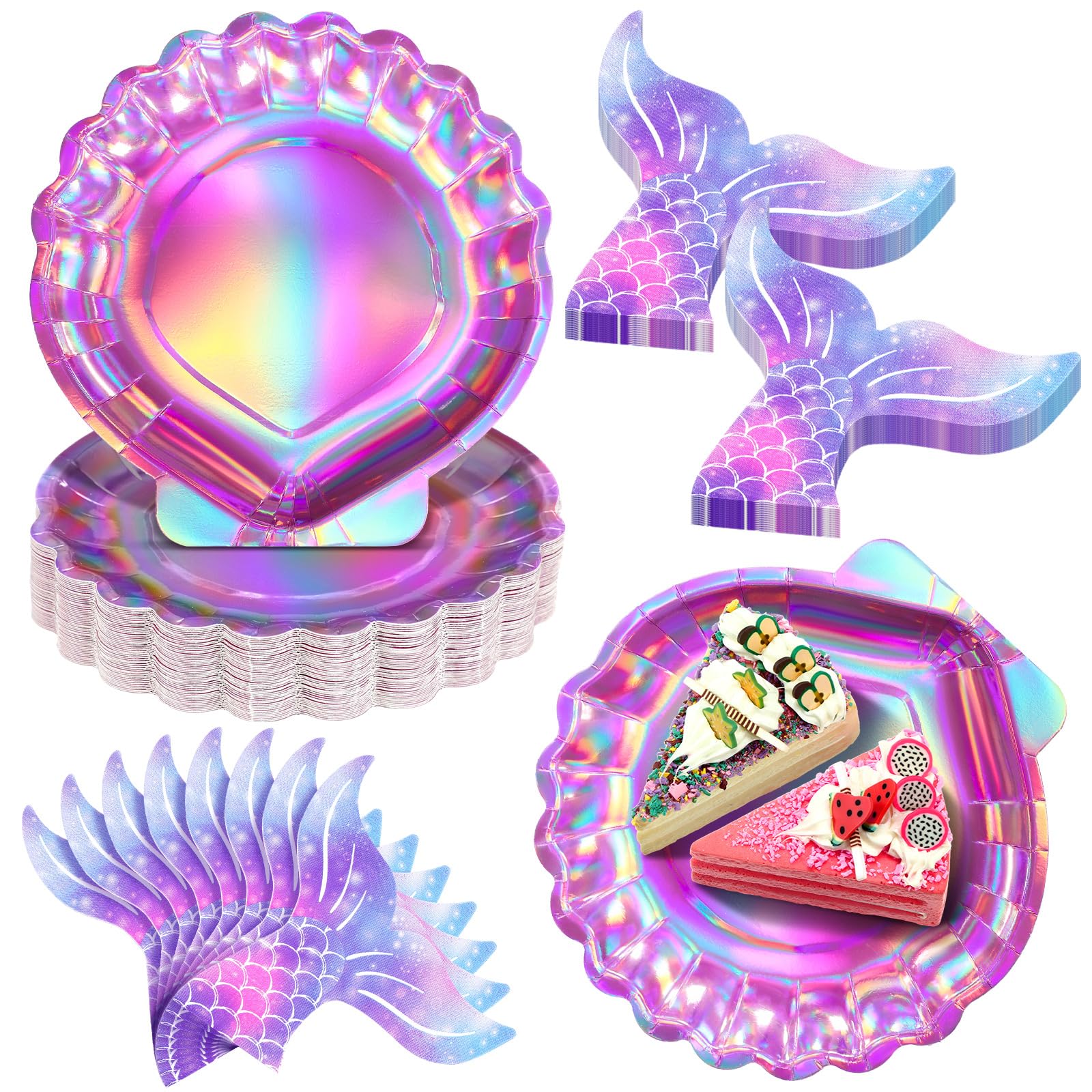 Qeeenar 100 Pcs Mermaid Party Supplies Iridescent Pink Mermaid Plates and Napkins Paper Seashell Plates Tail Napkins Party Decor