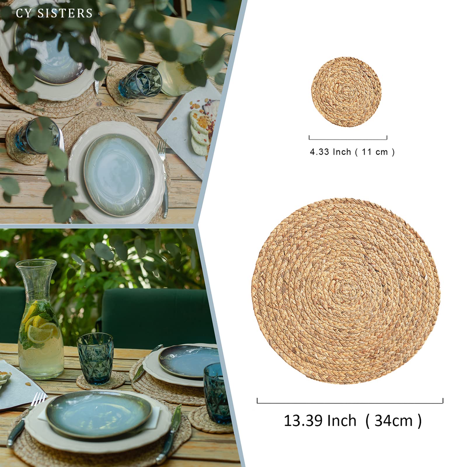 Cy Sisters Round Placemats Set Of 8 With 8 Coasters Natural Extra Wide Woven Placemats Farmhouse Braided Placemat Boho Straw Pla