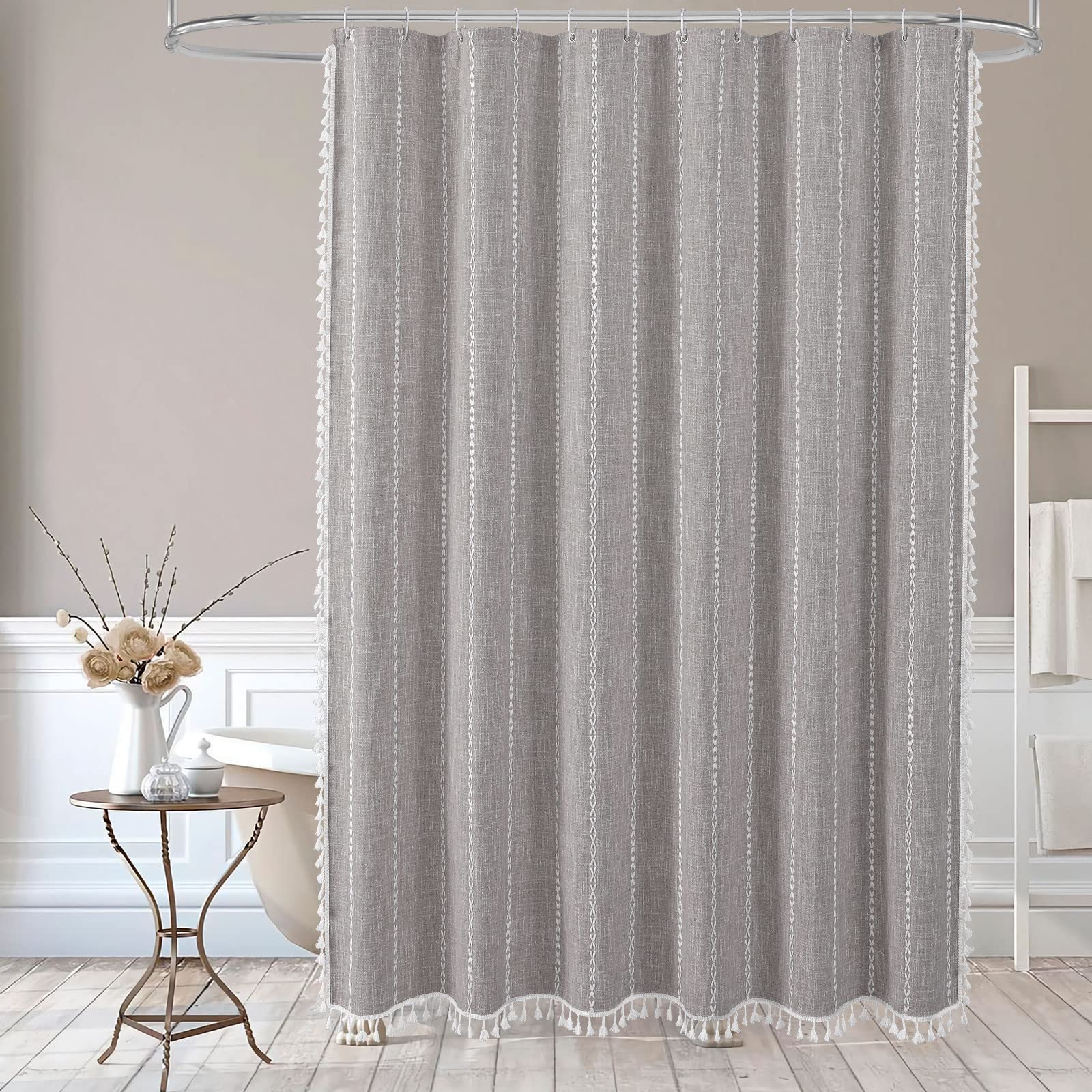 Mitovilla Boho Extra Long Shower Curtain 72 X 84, 84 Inch Xl Cotton Linen Tassel Fabric Shower Curtains For Vintage Country Farm