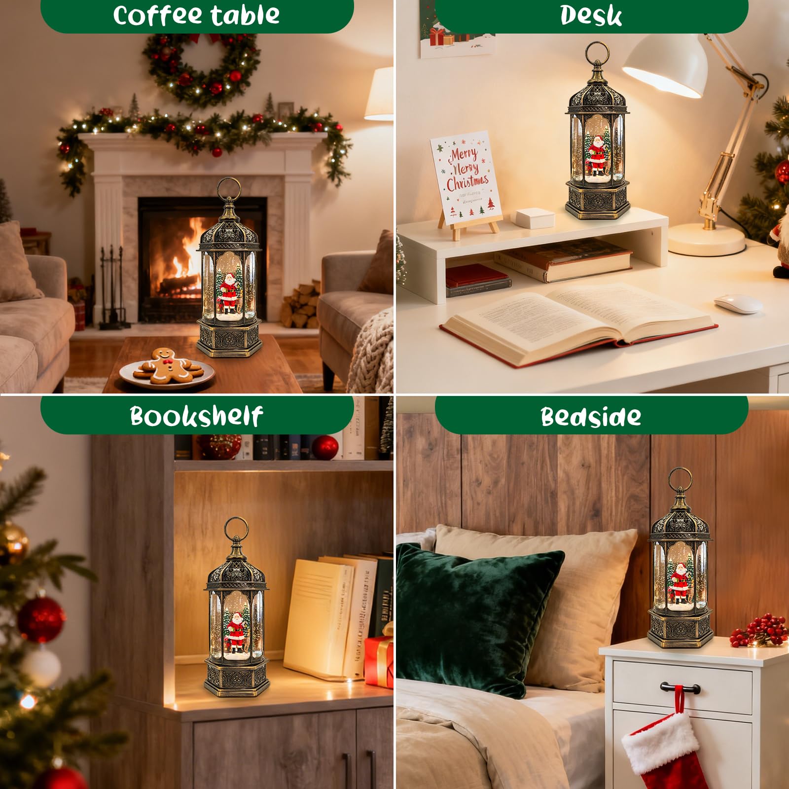Christmas Snow Globes Lantern, Santa Claus & Deer Christmas Decorations Indoor, 6H Timer Battery & USB Powered Light Up Musical
