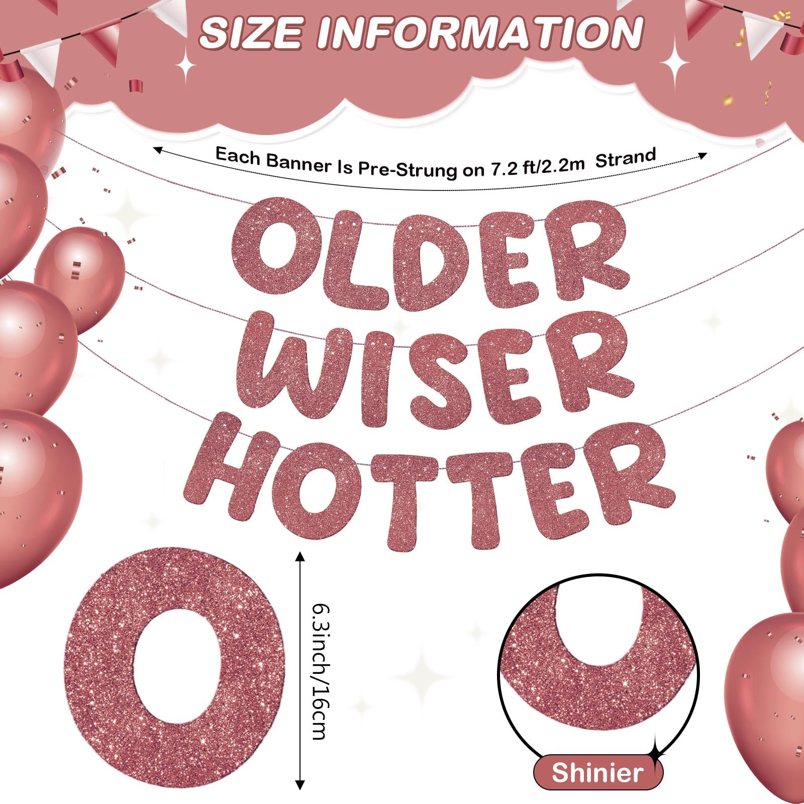 Fulmoon Set Of 3 Pre Strung Older Wiser Hotter Glitter Banner Funny Birthday Banner For Women 30Th 40Th 50Th 60Th 70Th 80Th Birt