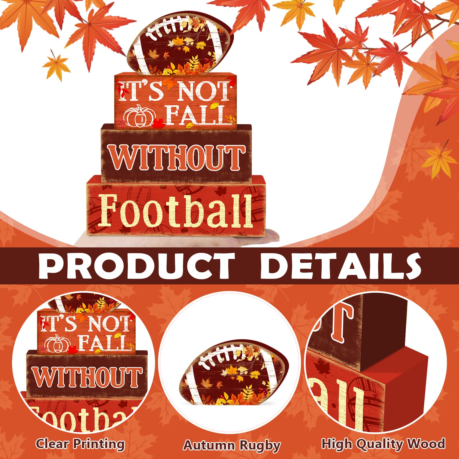 Britimes 4 Pcs Fall Football Decor Wooden Tiered Tray Decorations Set Game Day Stack Block Signs Pumpkin Leaf Farmhouse Rustic F