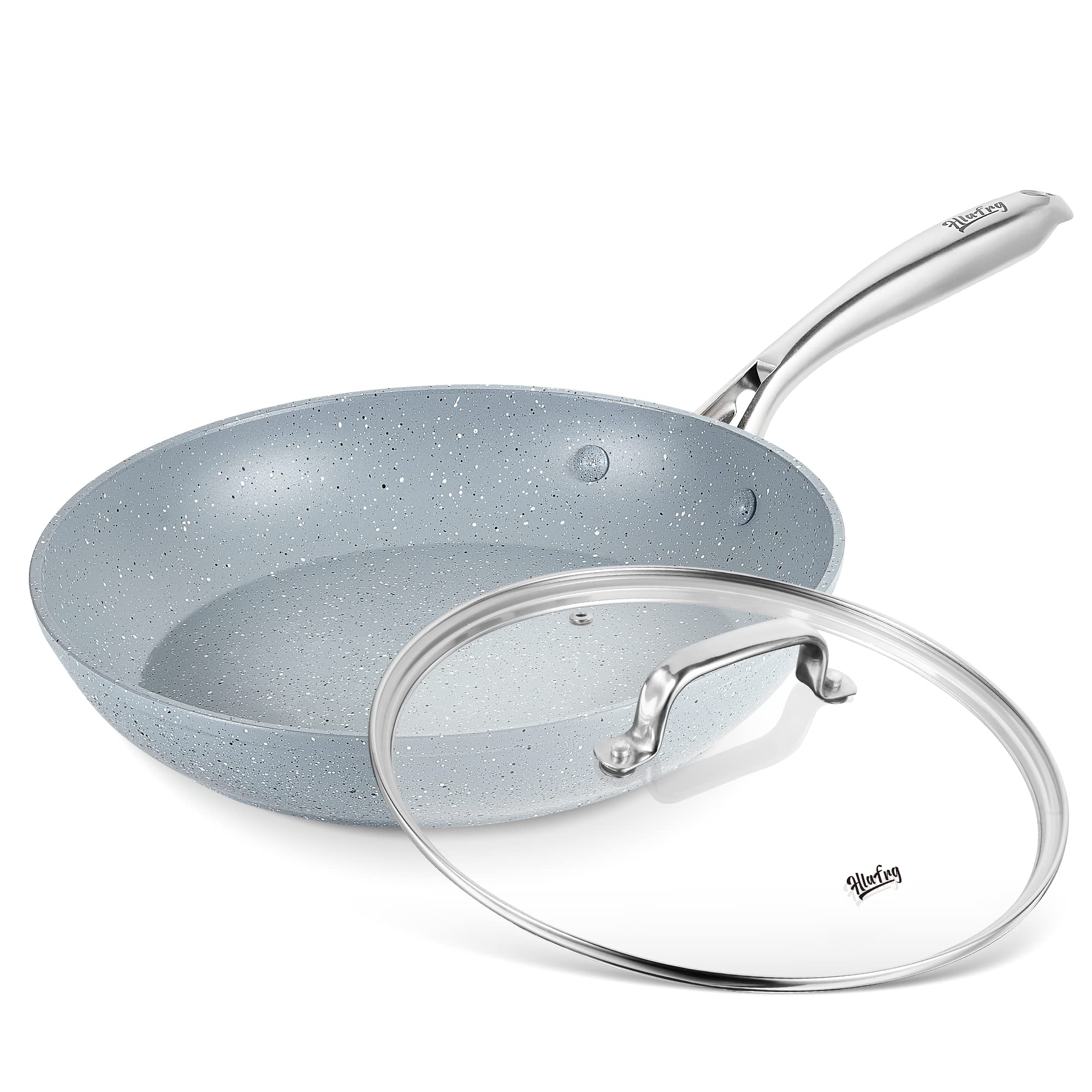 Hlafrg 12 Inch Nonstick Frying Pan With Lid, Blue Marble Skillet With Stone-Derived Coating, Apeo & Pfoa Free, With Soft-Touch E