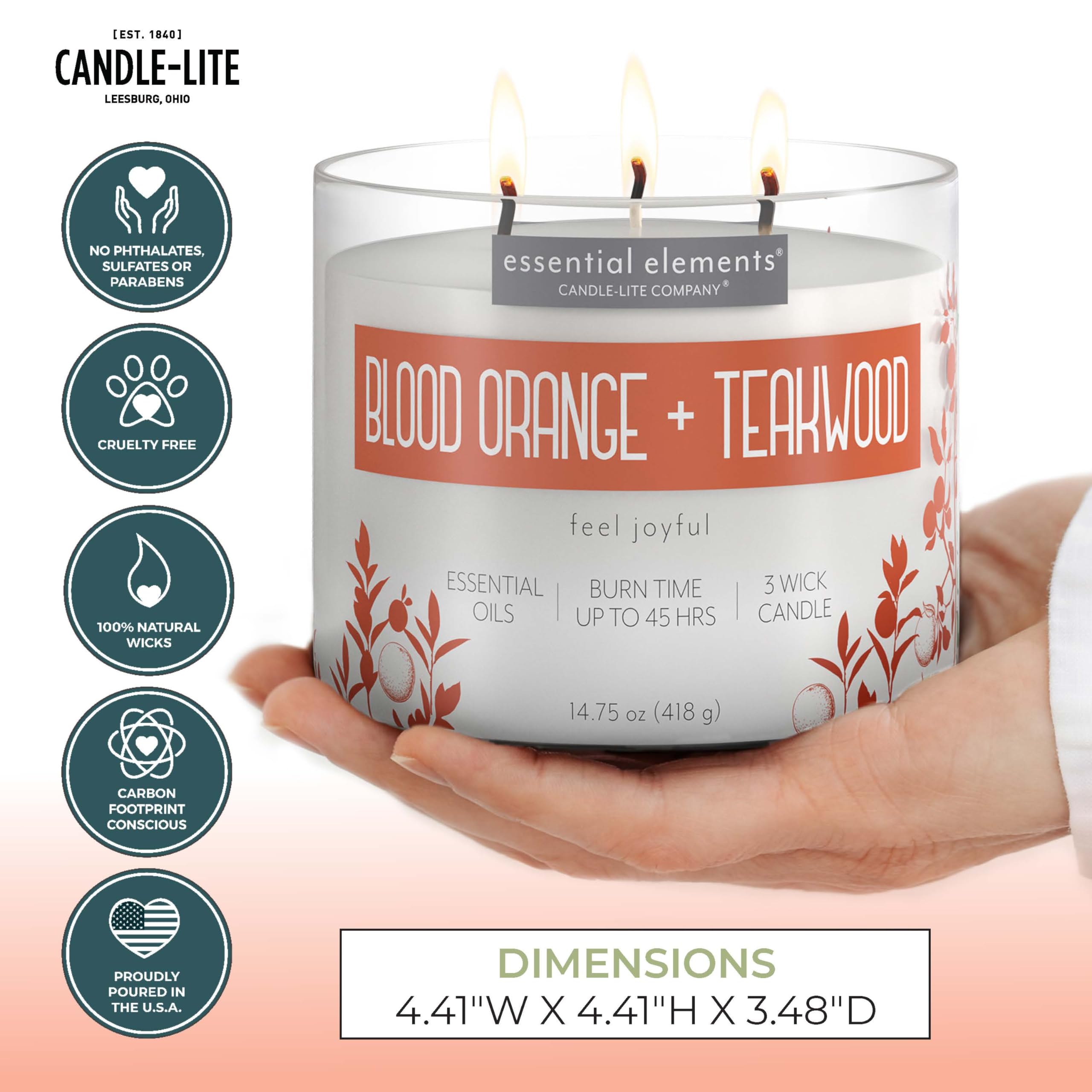 Essential Elements by Candle-lite Scented Candles, Blood Orange & Teakwood Fragrance, One 14.75 oz. Three-Wick Aromatherapy Cand
