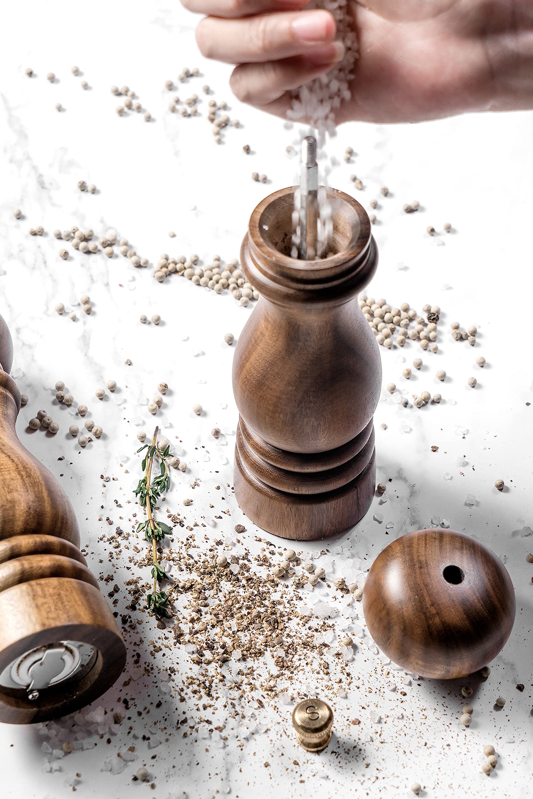 Pepper Grinder Wood Salt and Pepper Grinder Mills Sets  Acacia Wood Manual Salt Grinder Refillable Pepper Mill Sets with Adjustable Ceramic Grinding Rotor - 7 Inch-Set of 2