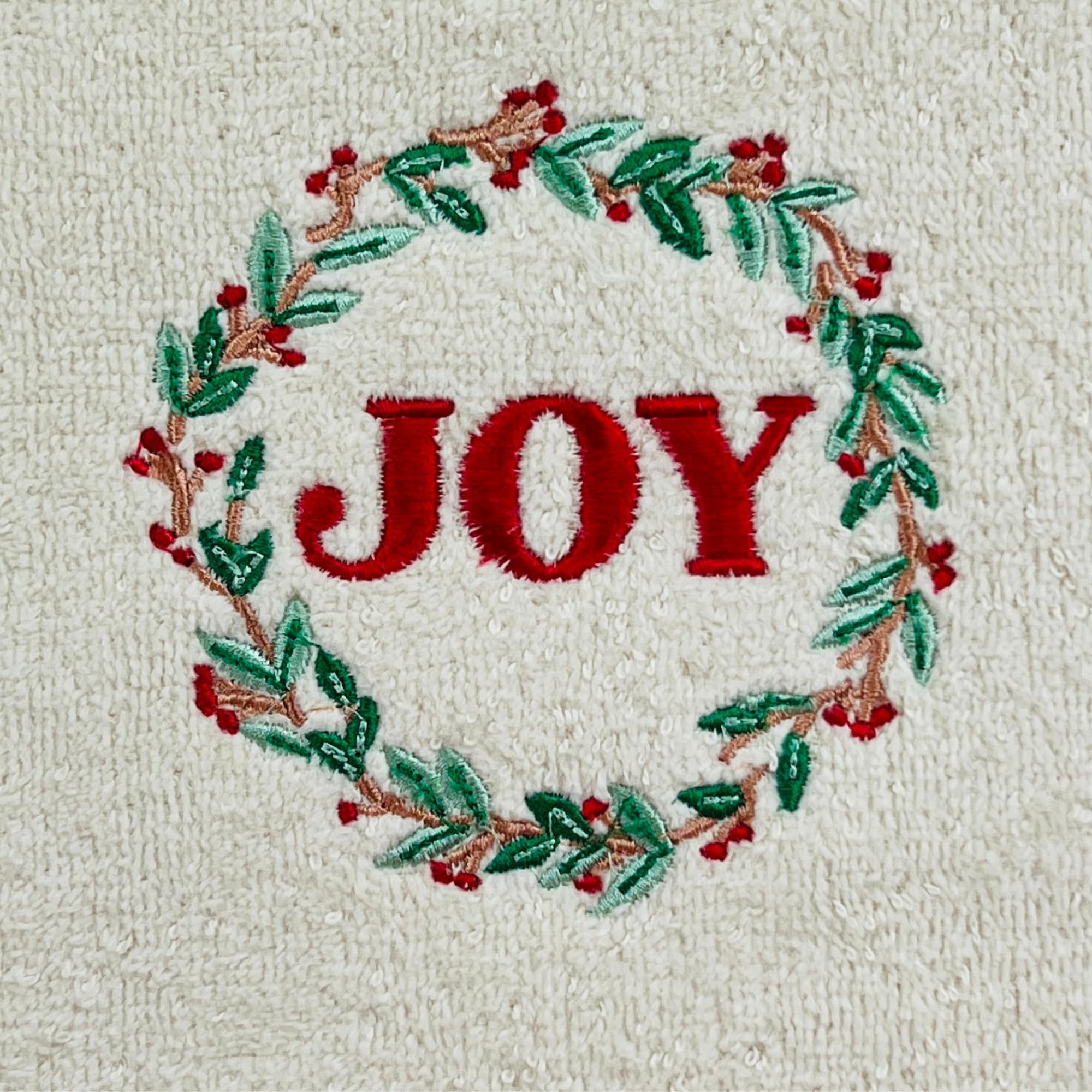 Serafina Home Christmas Fingertip Bath Guest Towels, Embroidered Joy Holly Wreath, 2 Piece Set, 12 X 18 Inches 100% Cotton