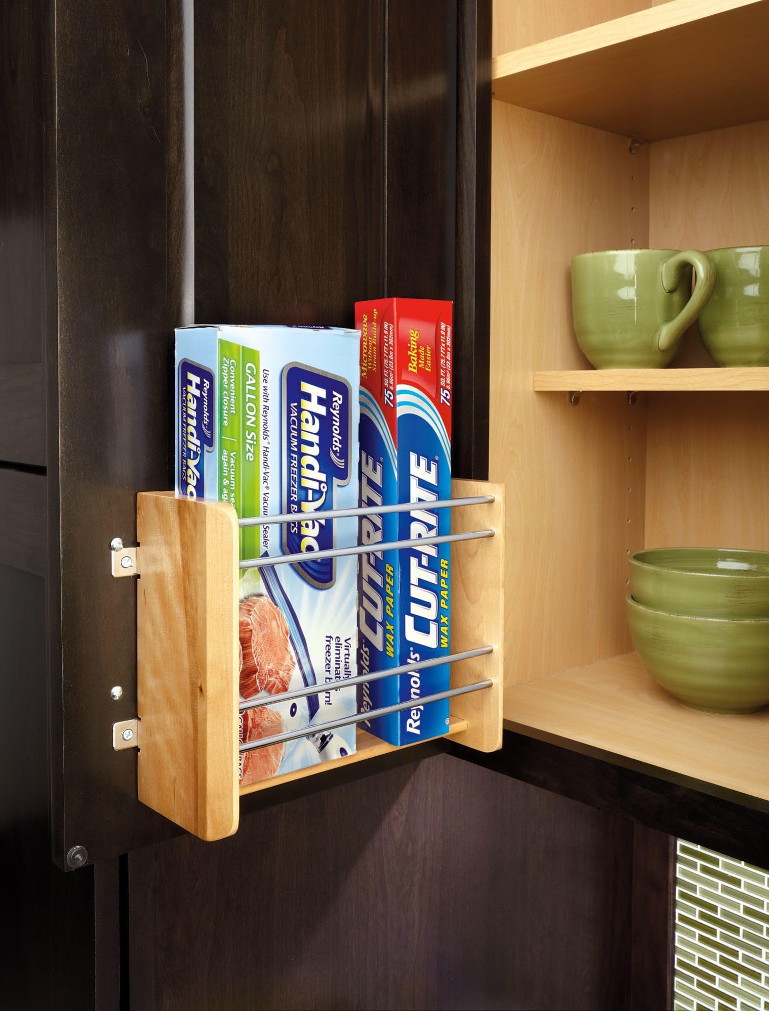 Rev-A-Shelf 4Wfr-15-1 10 Inch Pantry Cabinet Small In Door Mount Foil And Kitchen Supply Rack, Wood Organizer With Chrome Rails,