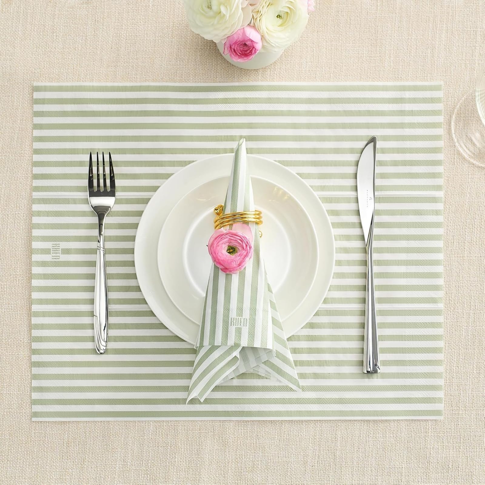 Tonal Striped Disposable Napkin Set in Green, 50 Pieces