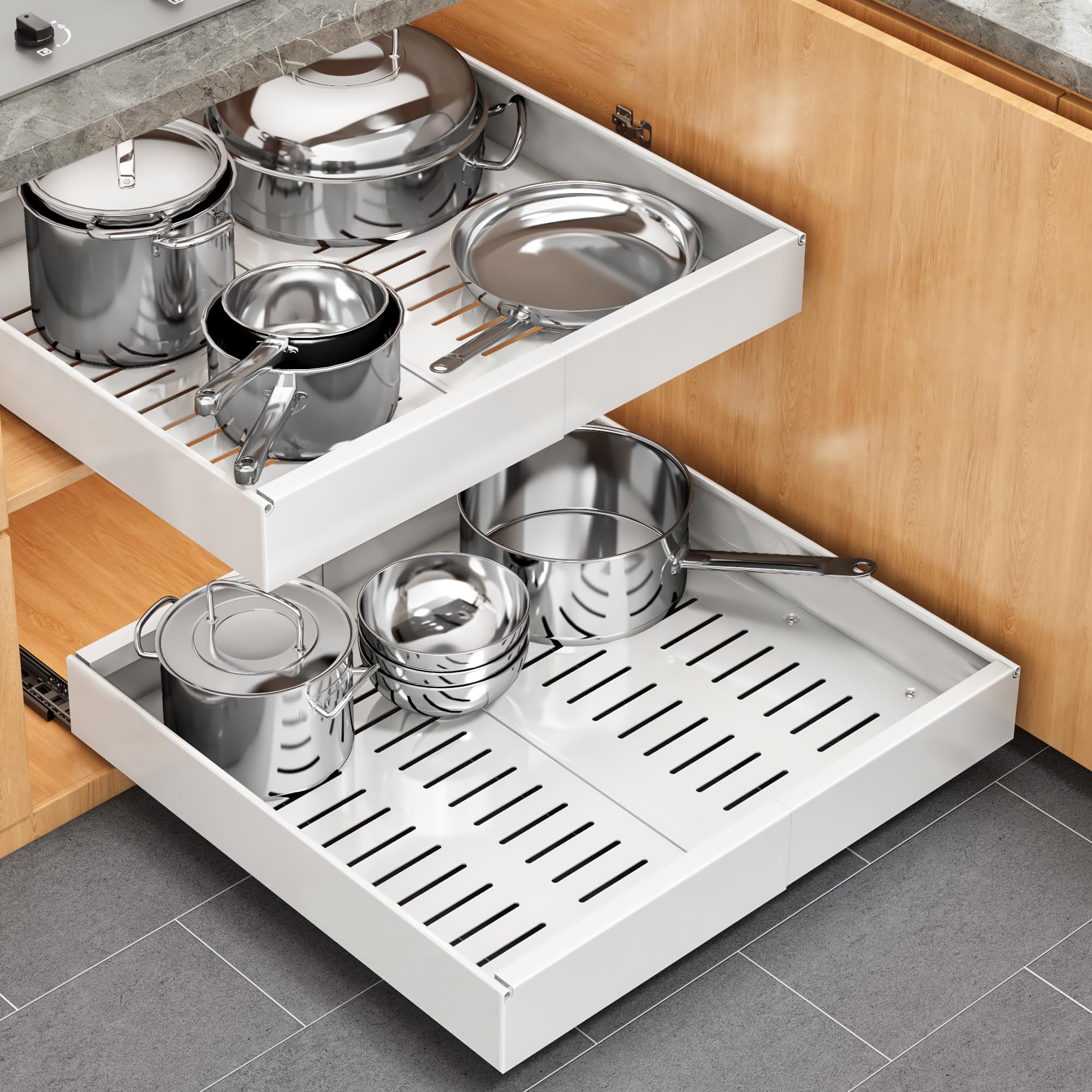 Pull out Cabinet Organizer, 1 pack, 20.5 Deep Heavy Slide out Drawers, Upgrade Three TripleSlide Rail Systems, Expandable 12.8