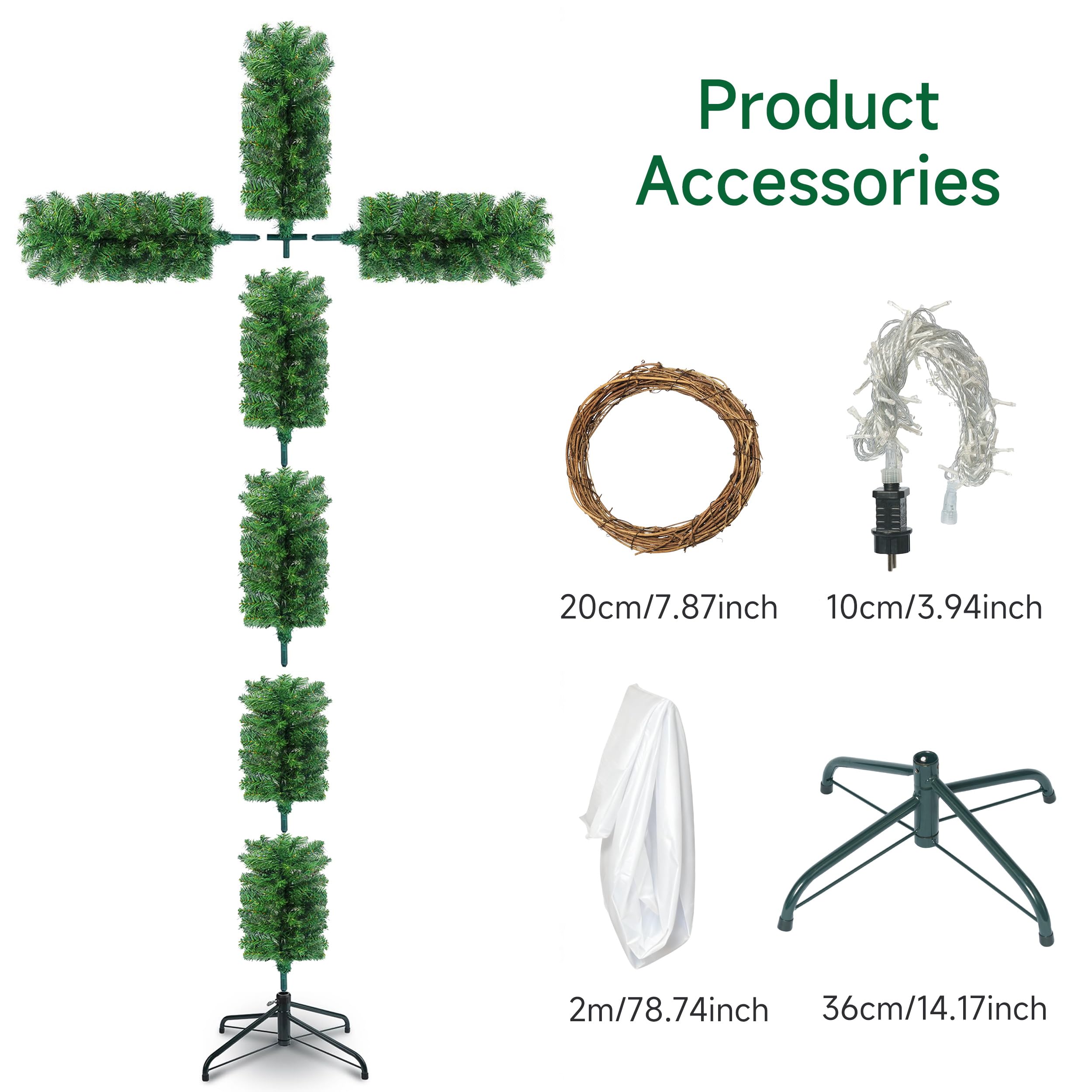 6ft Skinny Cross Christmas Tree with 33ft Plug-in String Lights(100 Bulbs) & White Silk Scarf & Crown of Thorns, Jesus Christ Ca