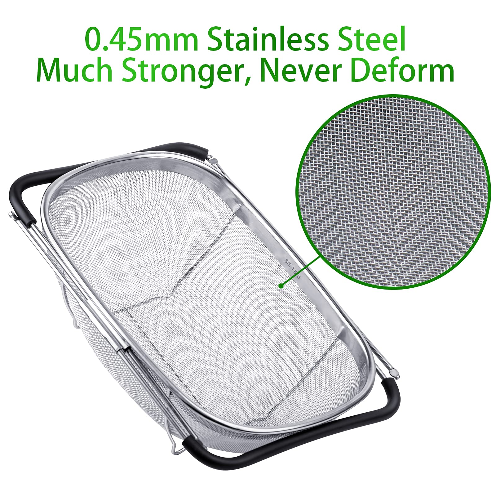 6-Quart Large Over The Sink Colander, 18/8 Stainless Steel Fine Mesh Strainer Basket With Expandable Rubber Grip Handles - Strai